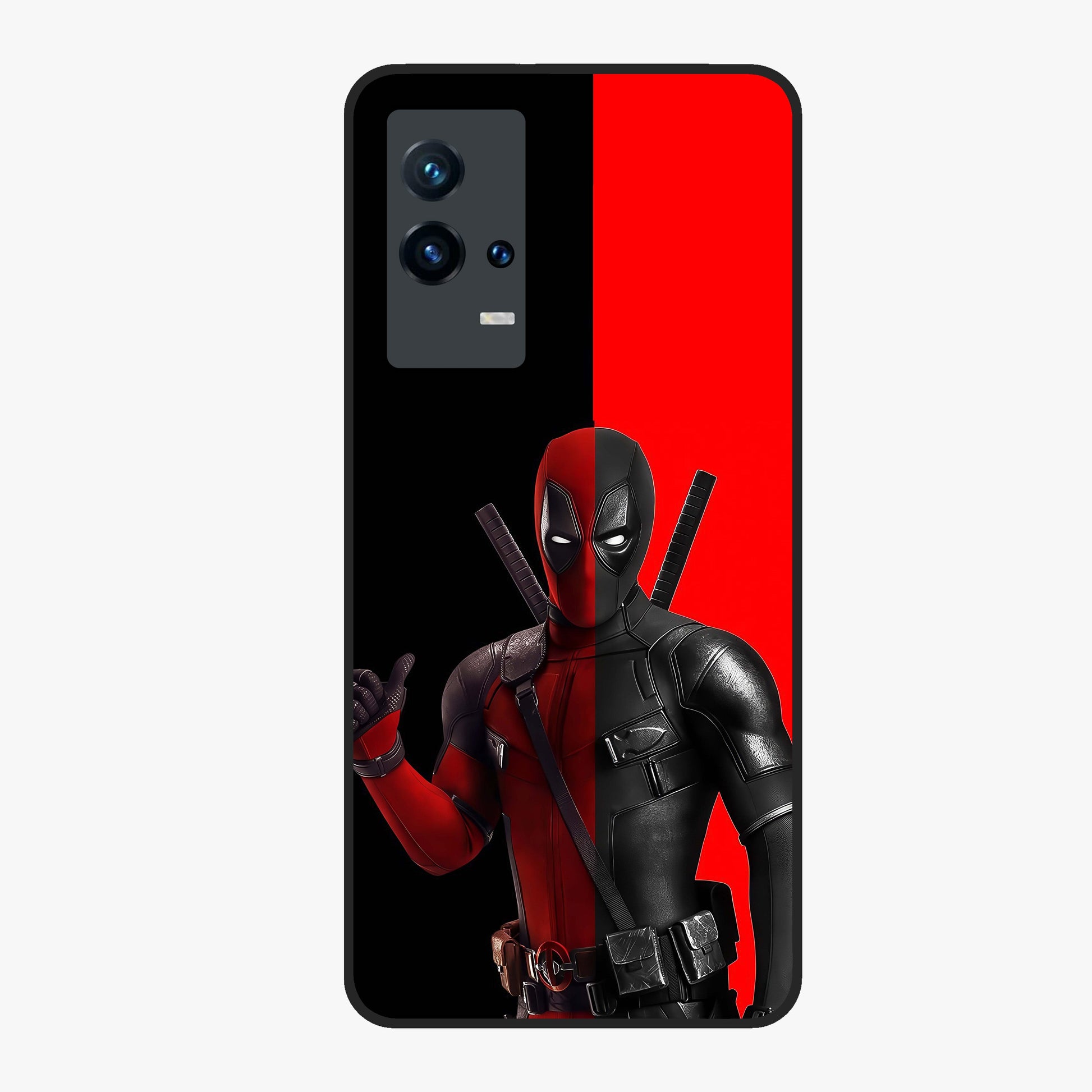 Red & Black Deadpool Theme Glass Case showing flat back view with bold comic inspired artwork and glossy glass finish.