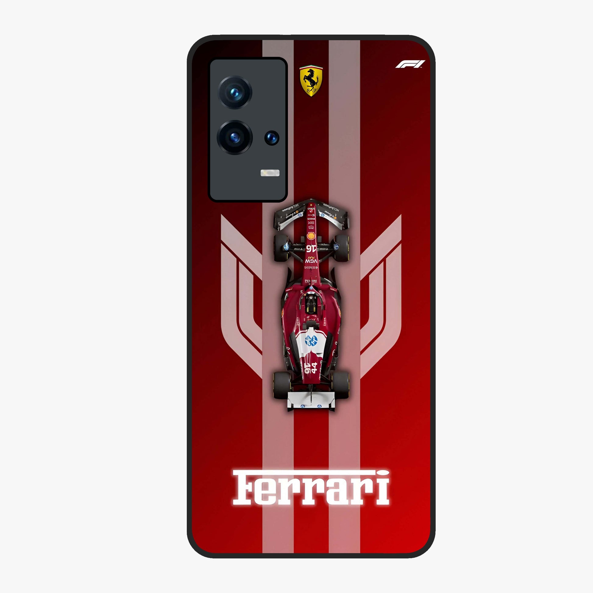 Red Ferrari F1 Vertical Glass Case showing flat back view with sleek Formula racing car artwork and glossy glass finish.