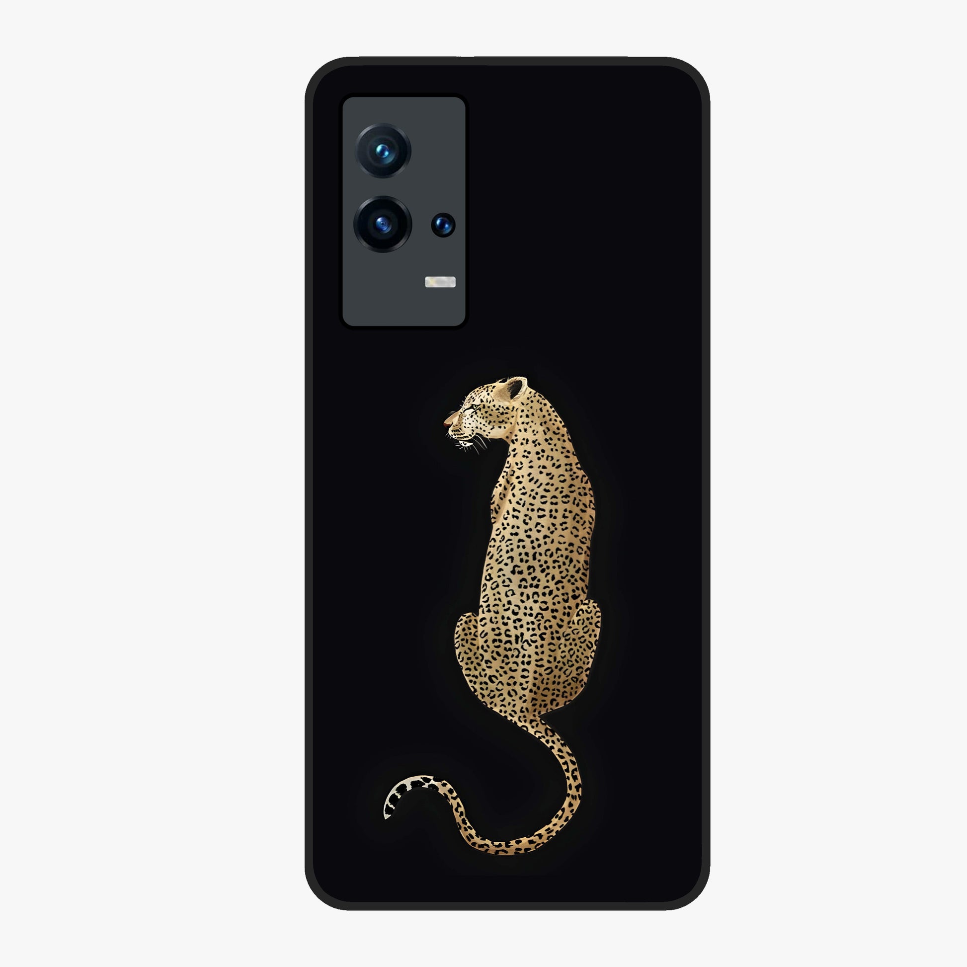 Regal Leopard Glass Case showing flat back view with bold leopard artwork and glossy glass finish.