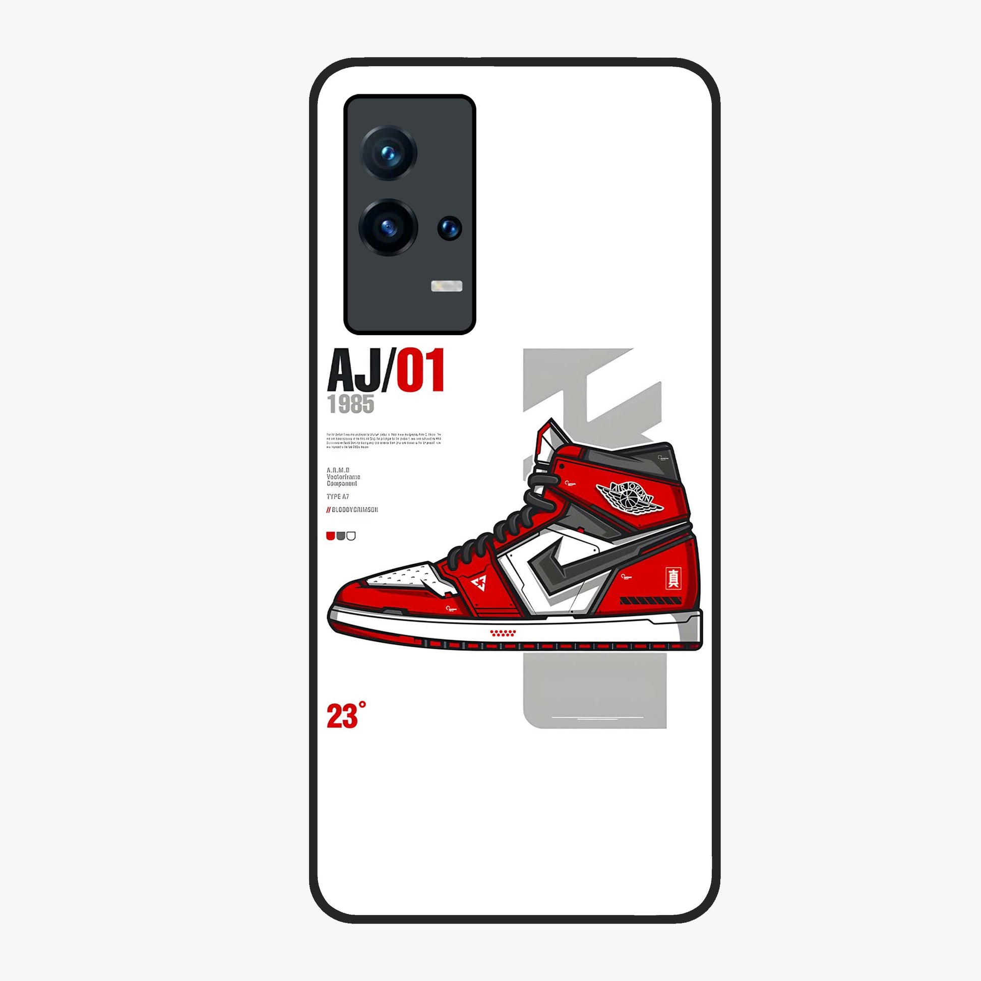 Retro Sneaker Blueprint Glass Case showing flat back view with sneaker blueprint style artwork and glossy glass finish.