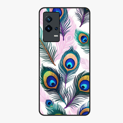 Royal Peacock Feathers Glass Case showing flat back view with colorful peacock feather artwork and glossy glass finish.