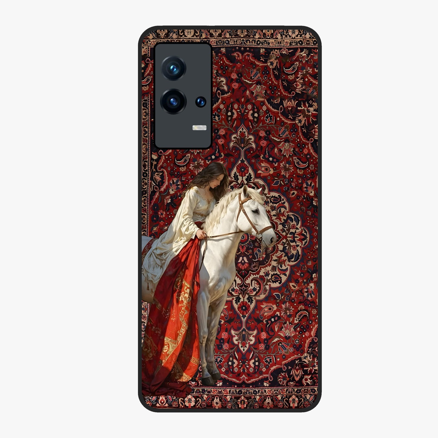 Royal Rider Tapestry Glass Case showing flat back view with majestic horse rider tapestry artwork and glossy glass finish.