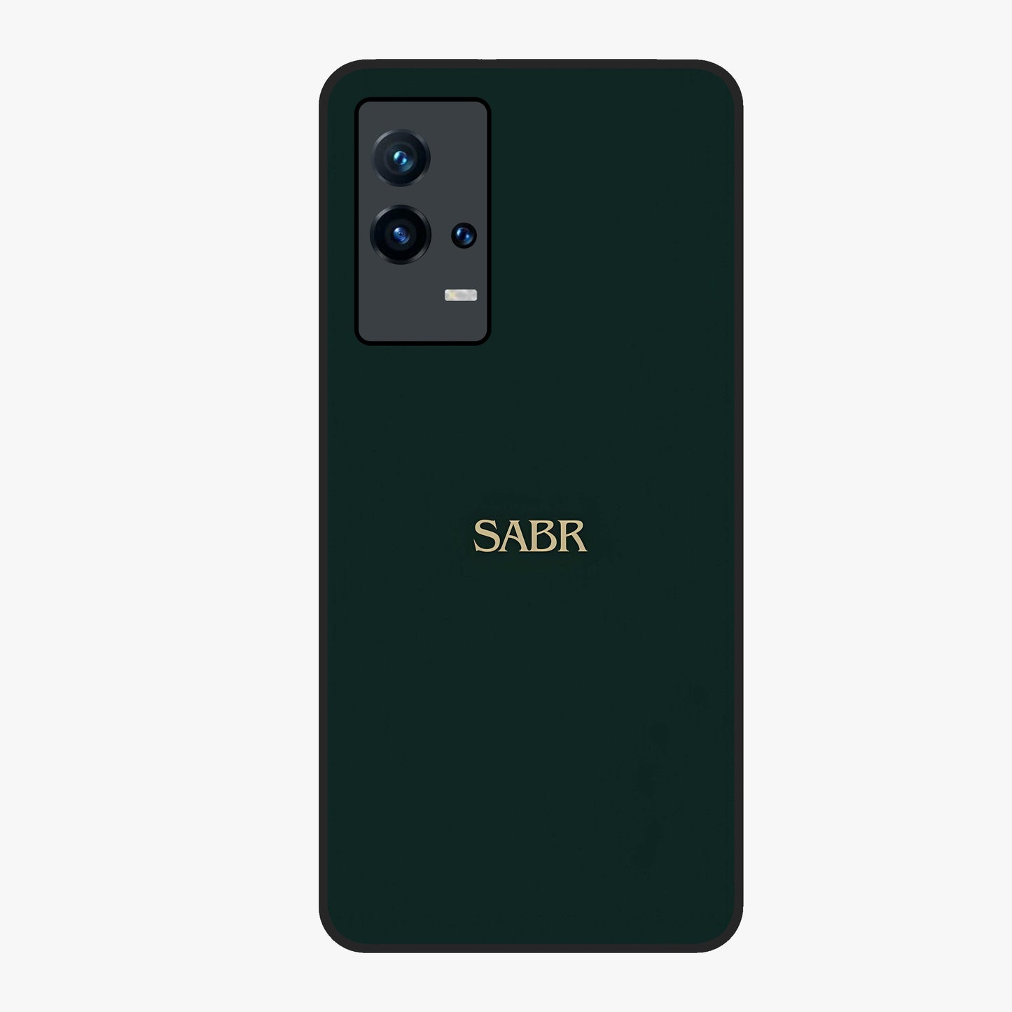 Sabr Minimal Patience Glass Case showing flat back view with minimalist typography artwork and glossy glass finish.