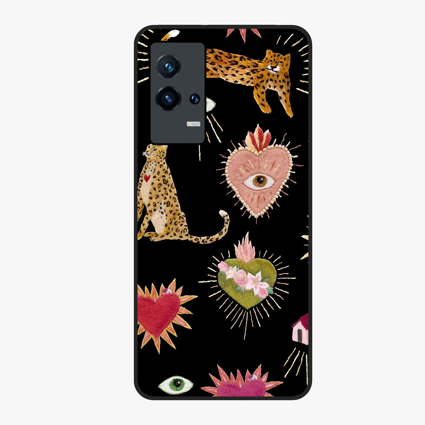 Sacred Jungle Heart Glass Case showing flat back view with jungle inspired heart artwork and glossy glass finish.