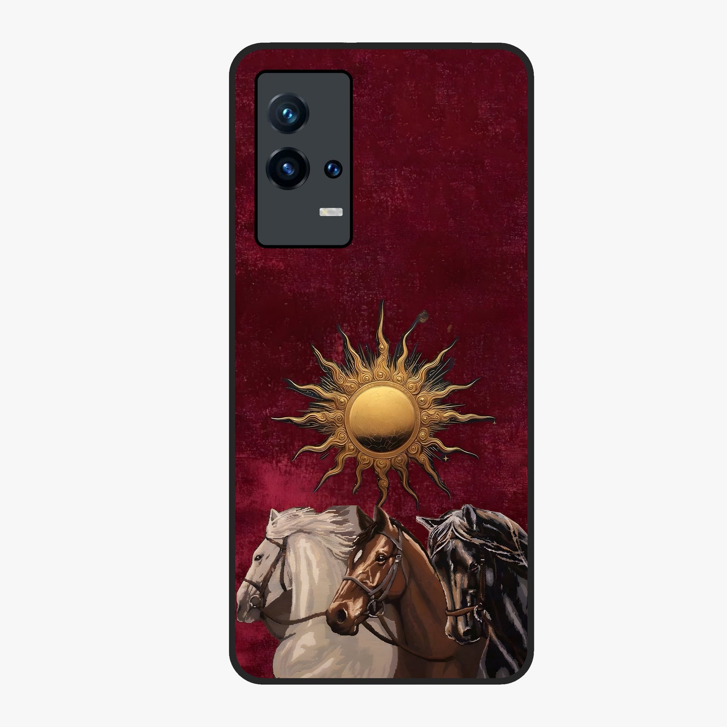 Solar Riders Glass Case showing flat back view with dynamic rider themed artwork and glossy glass finish.