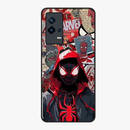 Spider Collage Street Glass Case showing flat back view with vibrant superhero collage artwork and glossy glass finish.