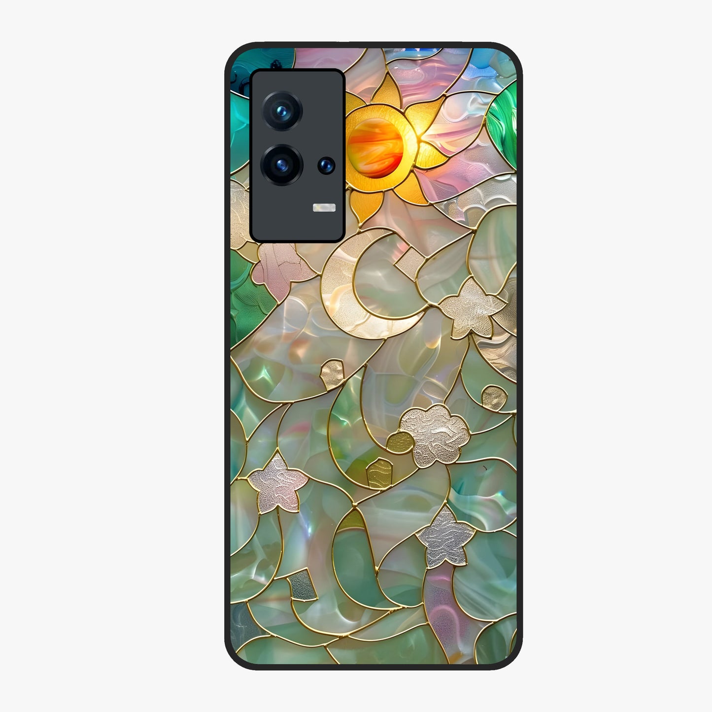 Stained Sunrise Glow Glass Case showing flat back view with glowing sunrise stained pattern artwork and glossy glass finish.