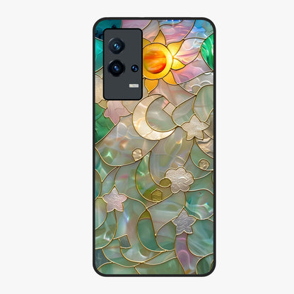 Stained Sunrise Glow Glass Case showing flat back view with glowing sunrise stained pattern artwork and glossy glass finish.