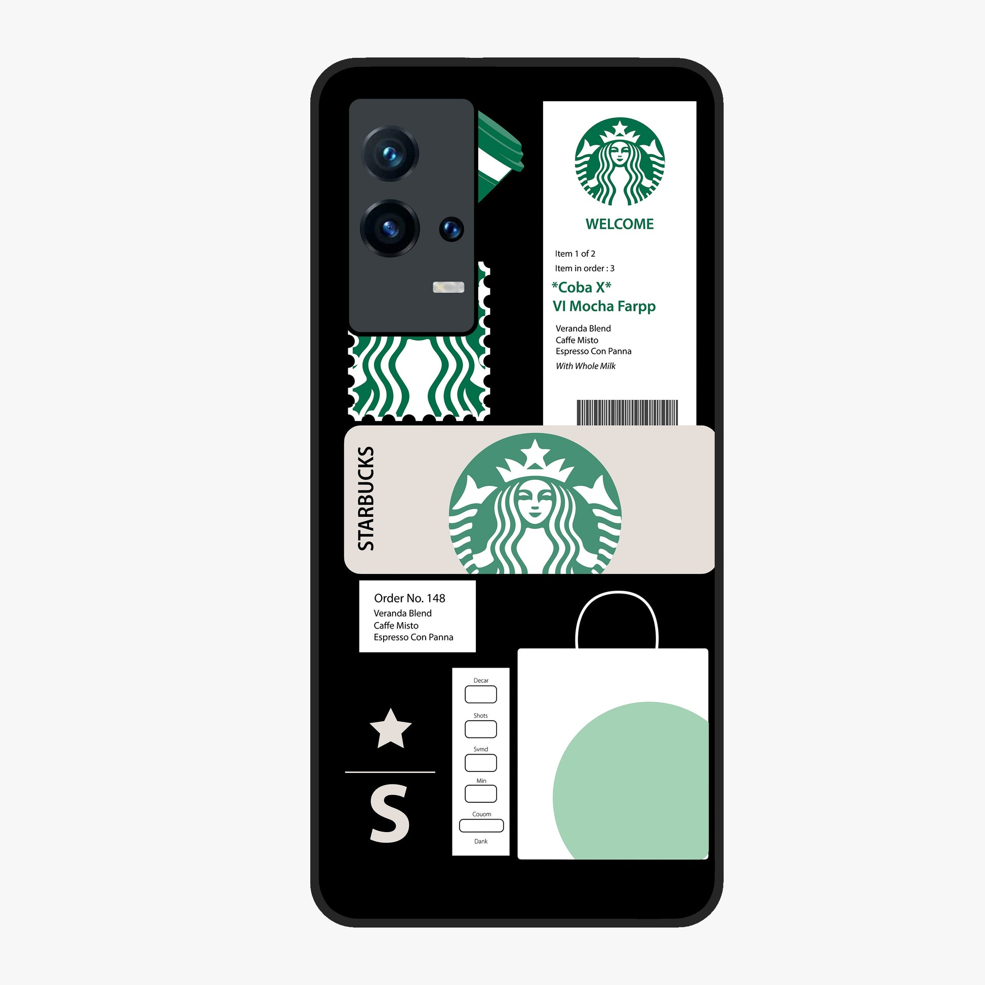 Starbucks Mocha Glass Case showing flat back view with coffee inspired artwork and glossy glass finish.