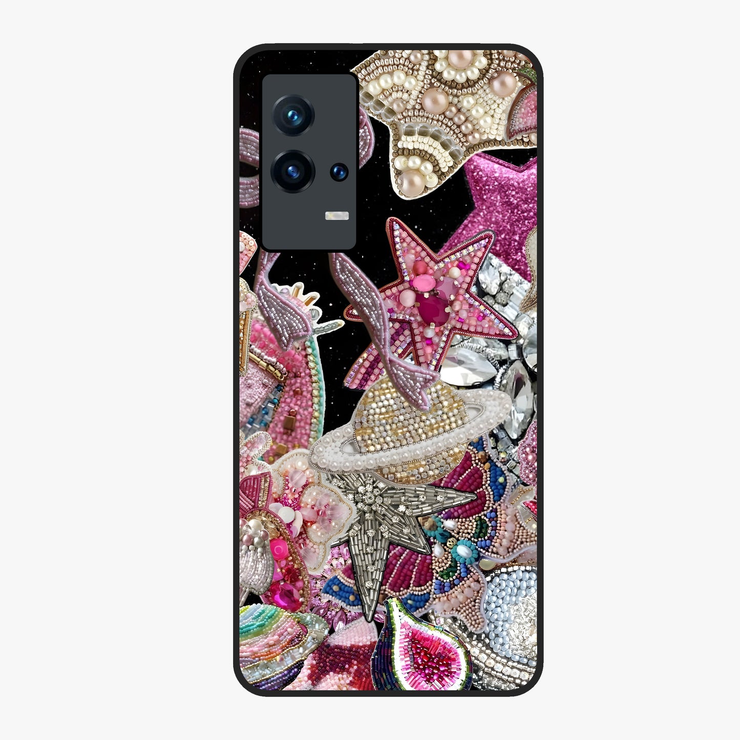 Starlit Jewel Dream Glass Case showing flat back view with sparkling jewel and star themed artwork and glossy glass finish.