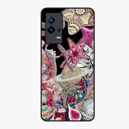 Starlit Jewel Dream Glass Case showing flat back view with sparkling jewel and star themed artwork and glossy glass finish.