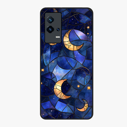 Starlit Sky Tapestry Glass Case showing flat back view with decorative starry sky tapestry artwork and glossy glass finish.