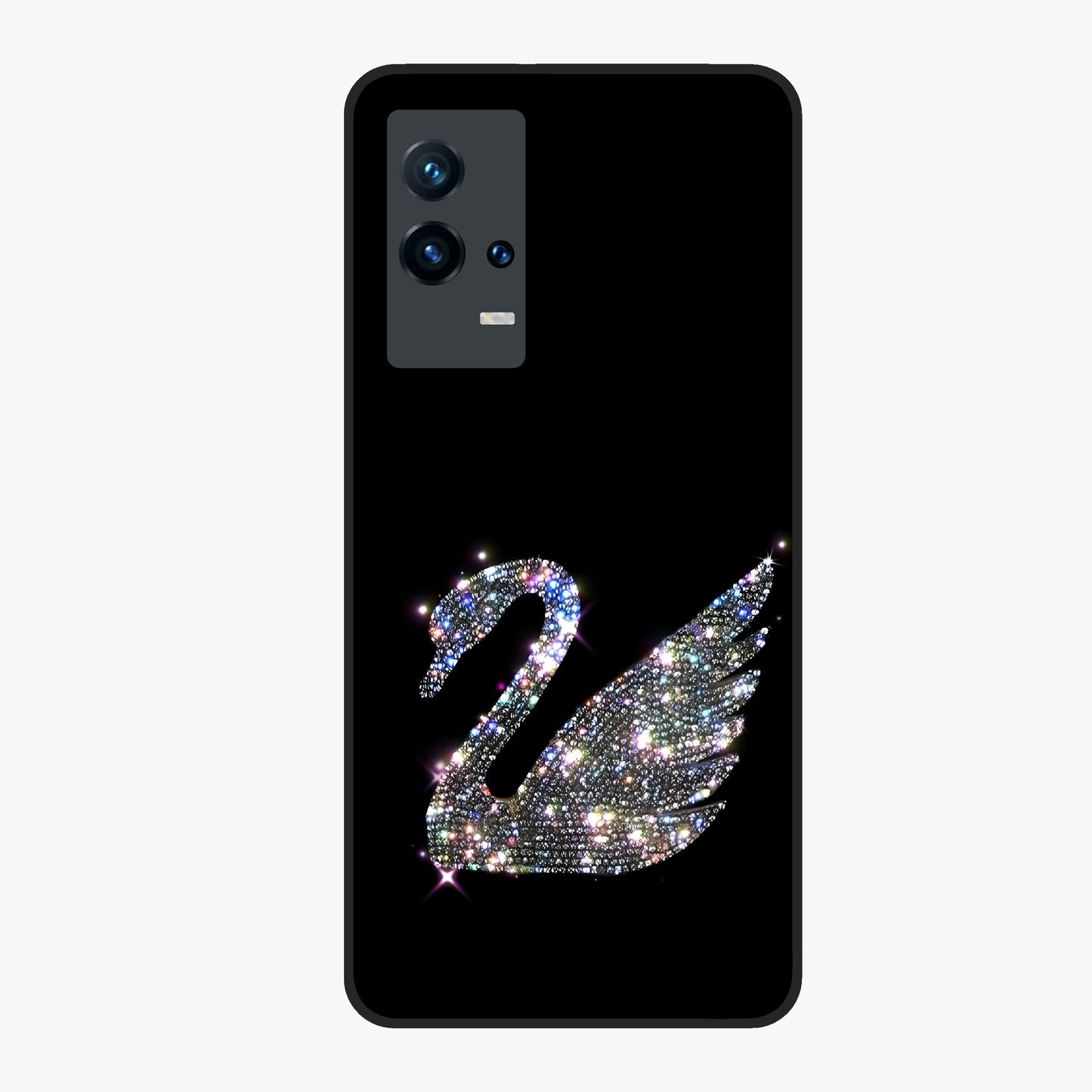 Starlit Swan Grace Glass Case showing flat back view with graceful swan artwork under starry sky and glossy glass finish.