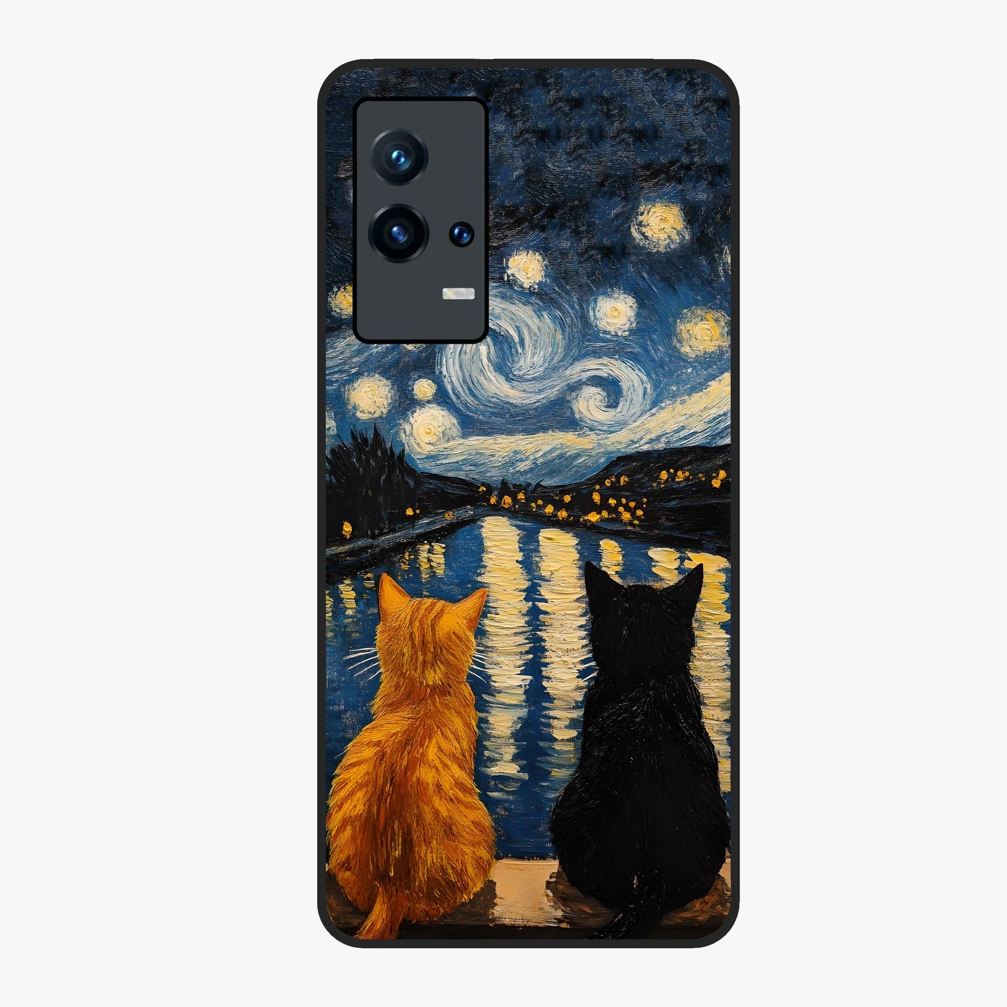 Starry River Cats Glass Case showing flat back view with cats by a starry river artwork and glossy glass finish.