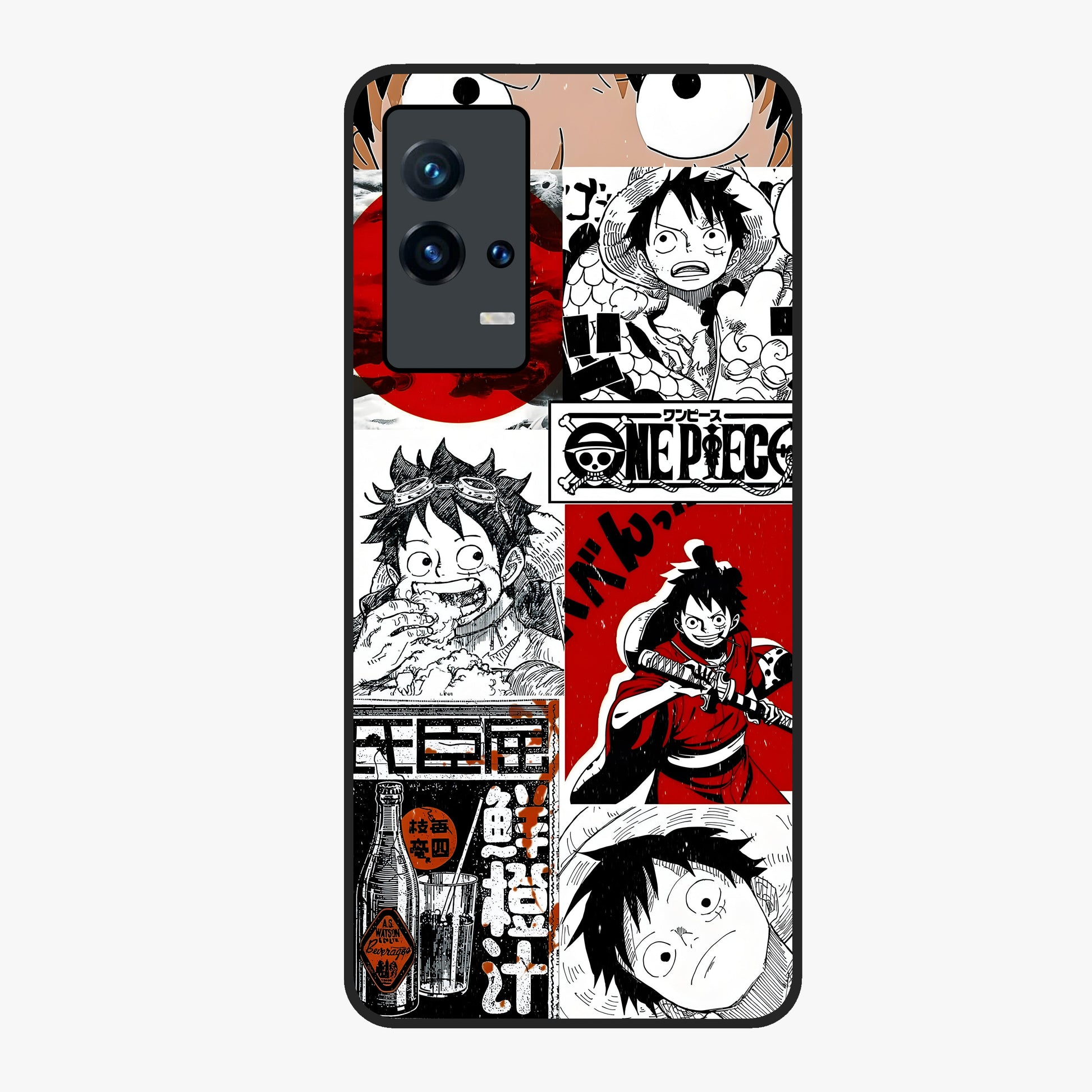Strawhat Chaos Panels Glass Case showing flat back view with anime inspired chaos panel artwork and glossy glass finish.