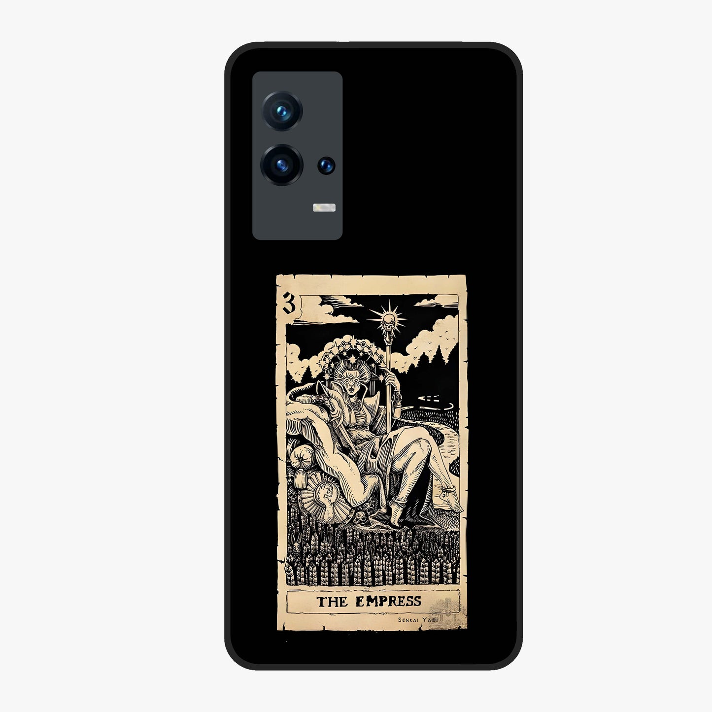 The Empress Glass Case showing flat back view with regal feminine artwork and glossy glass finish.