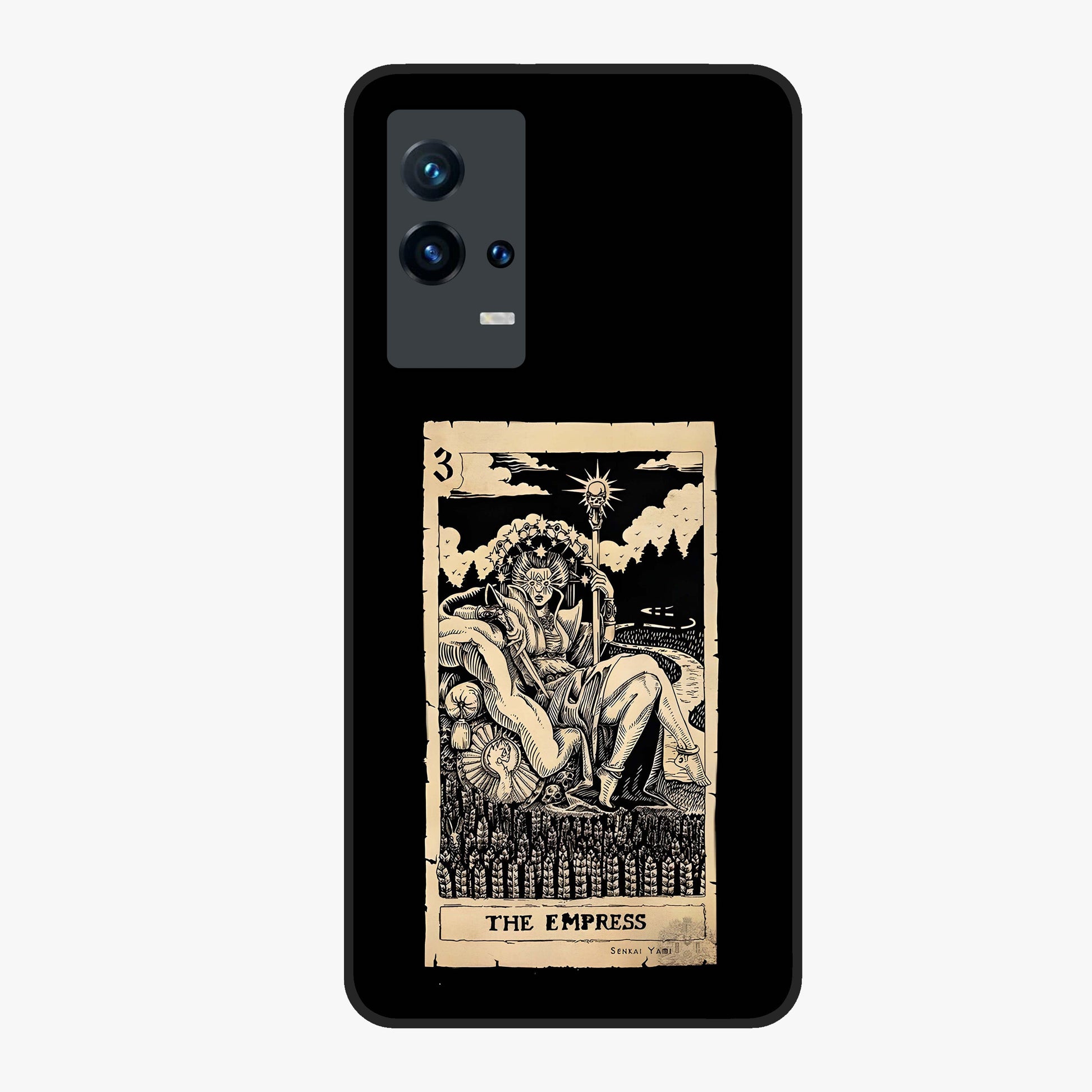 The Empress Glass Case showing flat back view with regal feminine artwork and glossy glass finish.