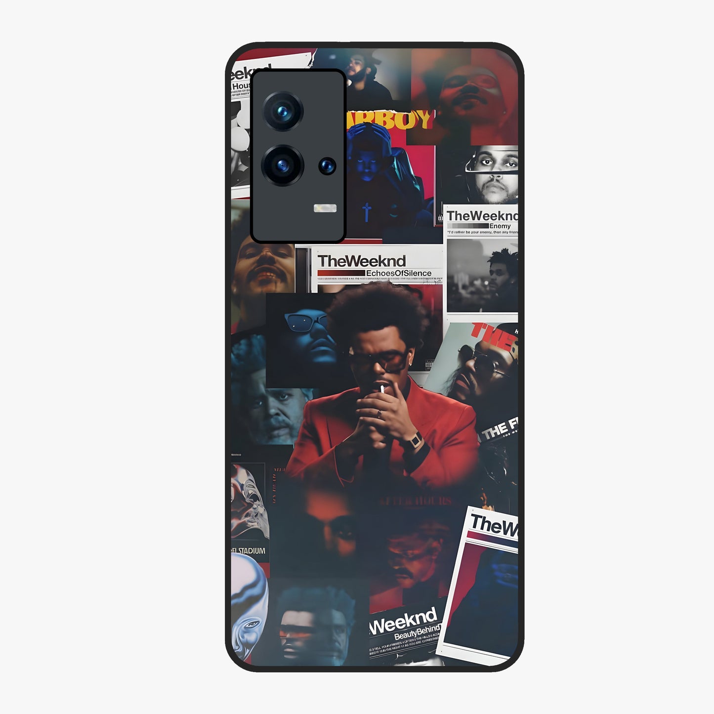The Weeknd Glass Case showing flat back view with music inspired artistic portrait artwork and glossy glass finish.
