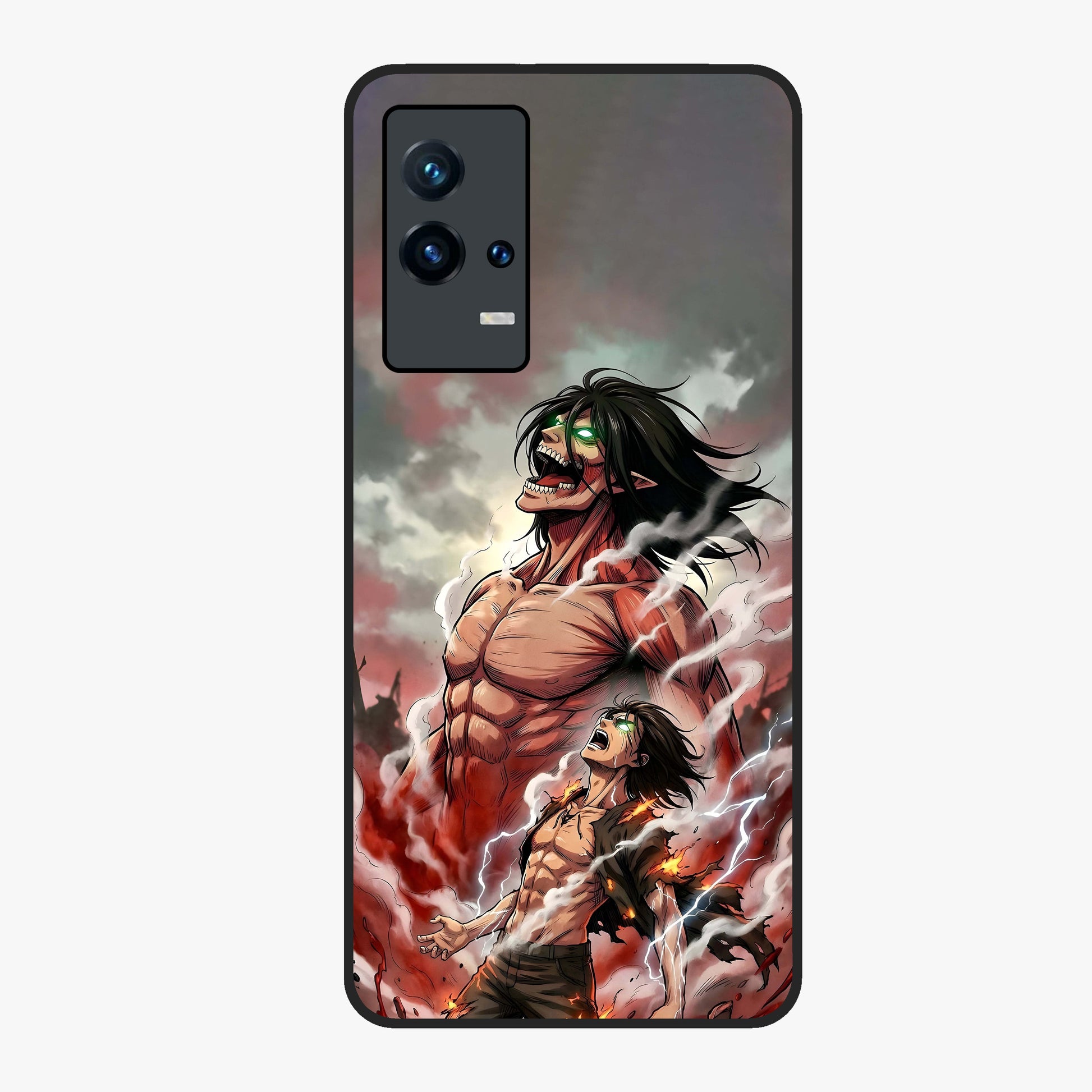 Titan Awakening Fury Glass Case showing flat back view with powerful titan inspired artwork and glossy glass finish.