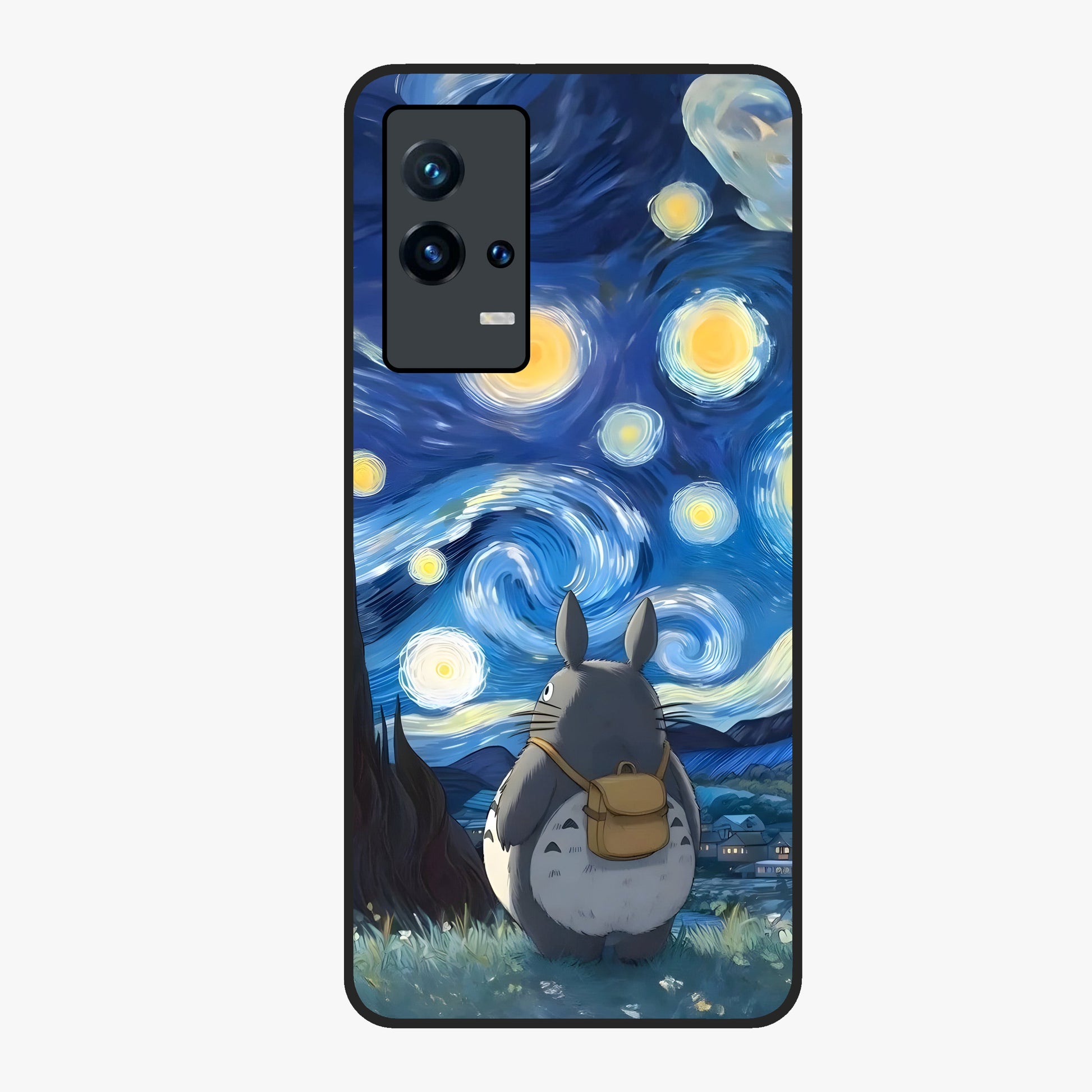 Totoro In Van Gogh Art Glass Case showing flat back view with whimsical character artwork inspired by Van Gogh style and glossy glass finish.