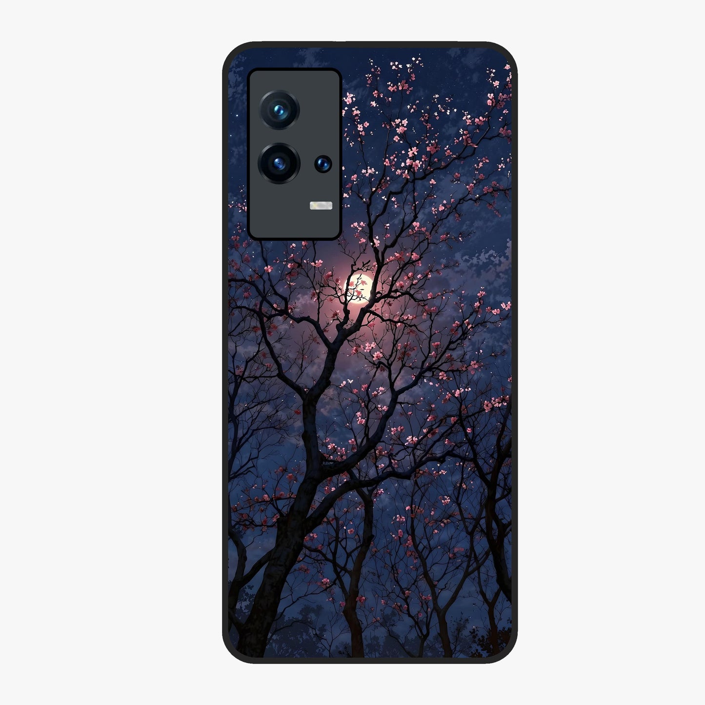 Twilight Sakura Serenade Glass Case showing flat back view with cherry blossom artwork at twilight and glossy glass finish.