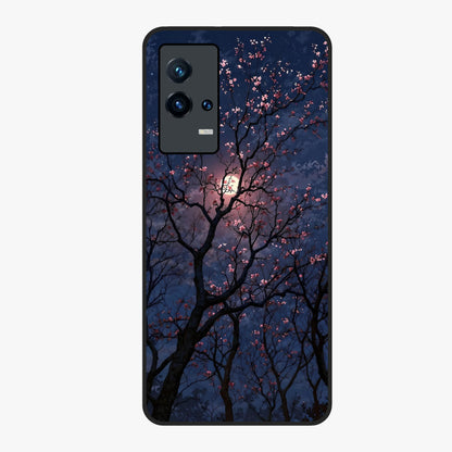Twilight Sakura Serenade Glass Case showing flat back view with cherry blossom artwork at twilight and glossy glass finish.