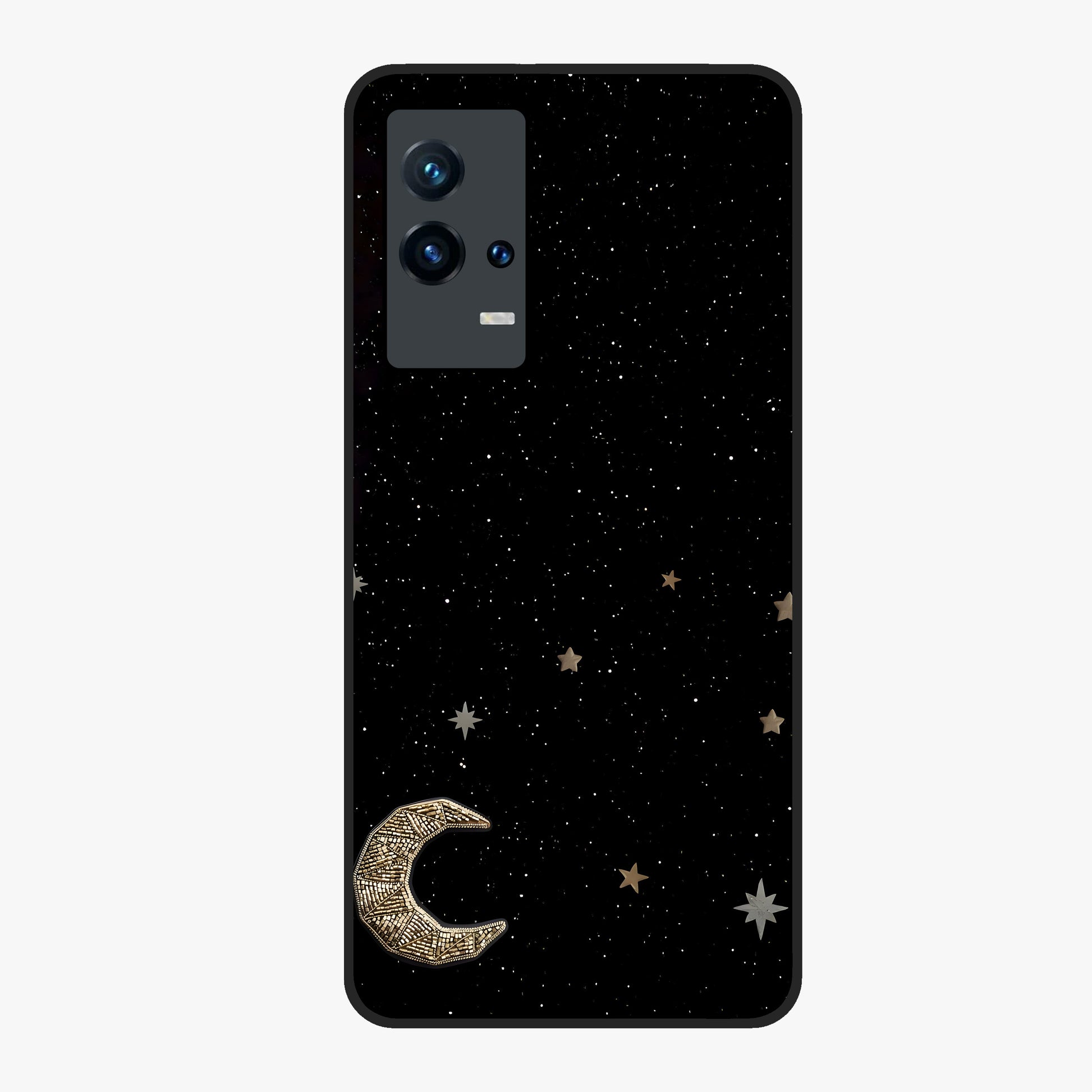 Twinkle Star With Half Moon Glass Case showing flat back view with star and half moon artwork and glossy glass finish.