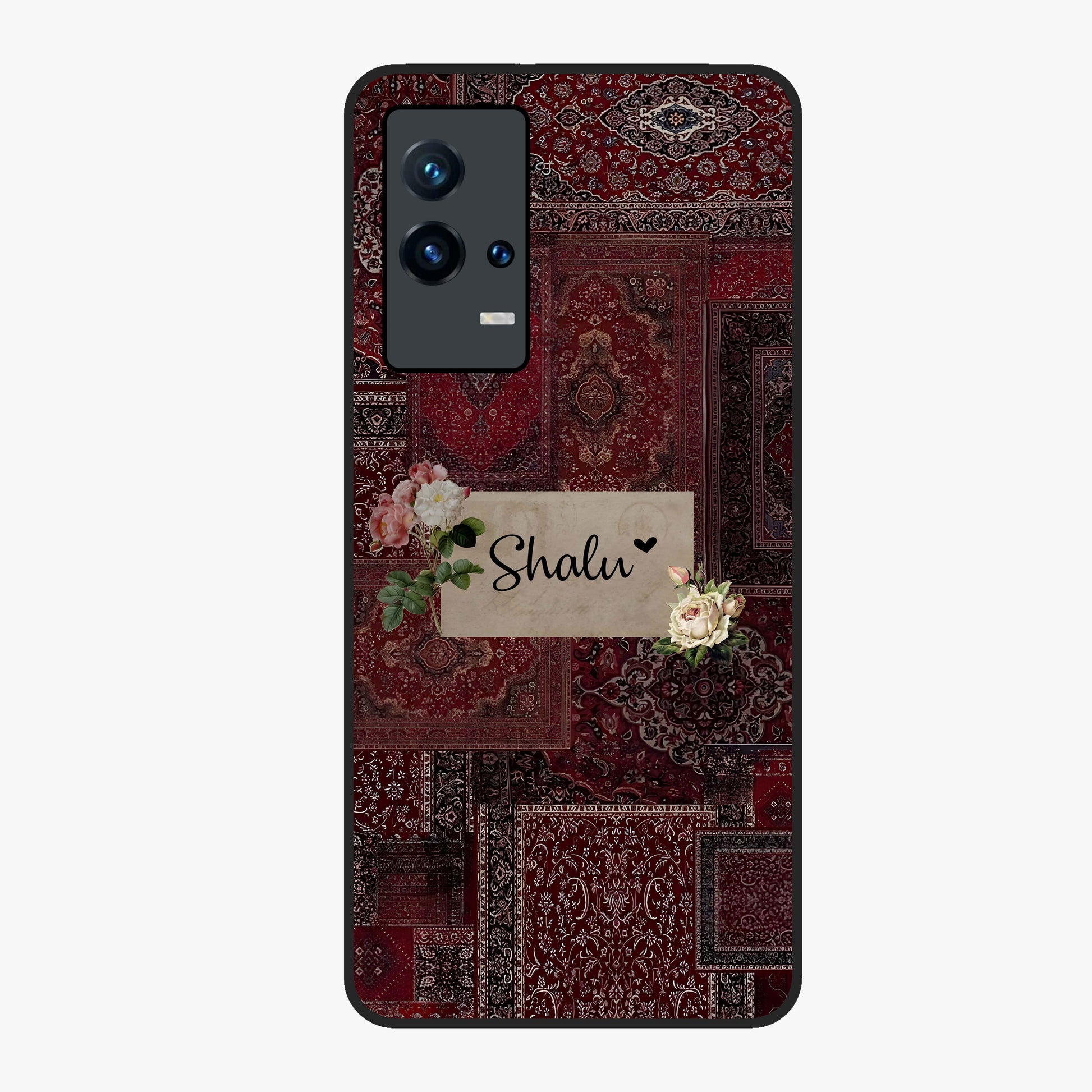 Velvet Wine Pattern Custom Name Glass Case showing flat back view with elegant wine colored pattern artwork and personalized name design.