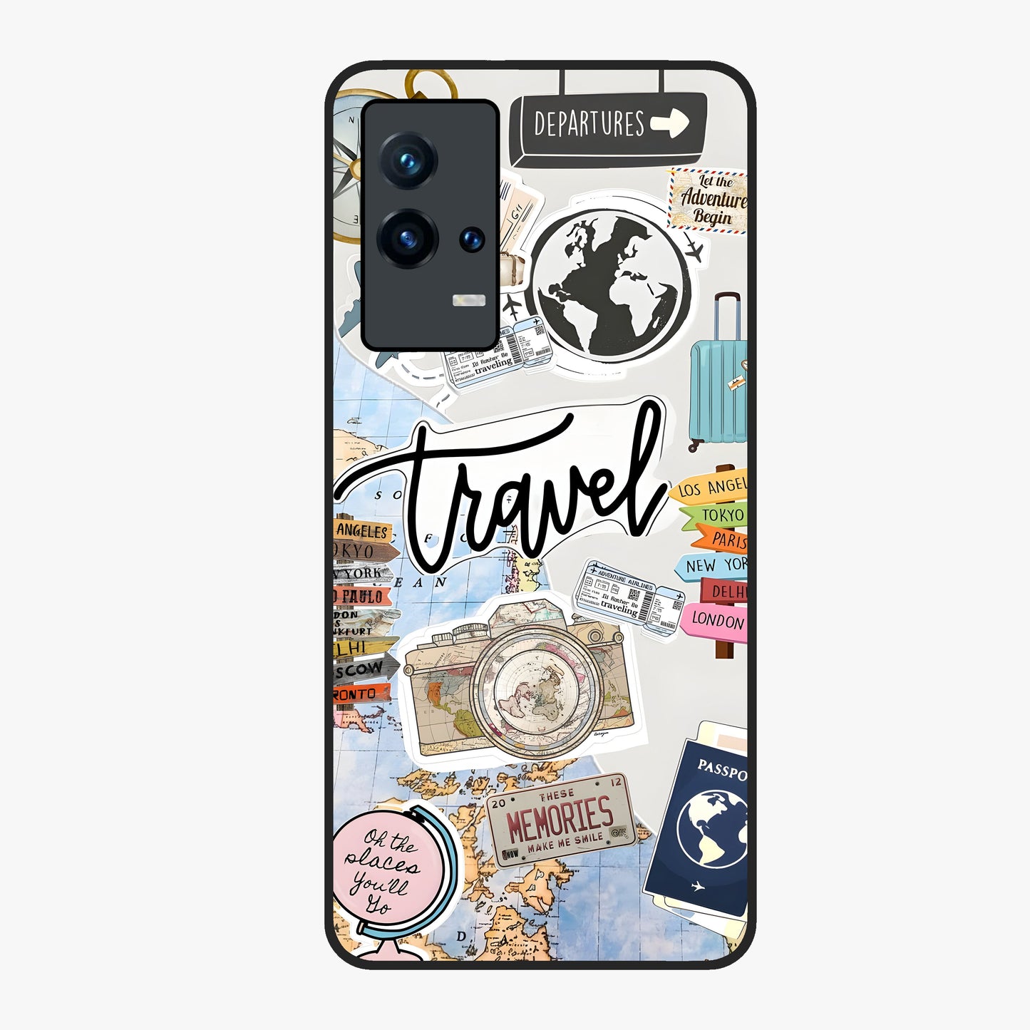 Wanderlust Journal Glass Case showing flat back view with travel inspired artwork and glossy glass finish.