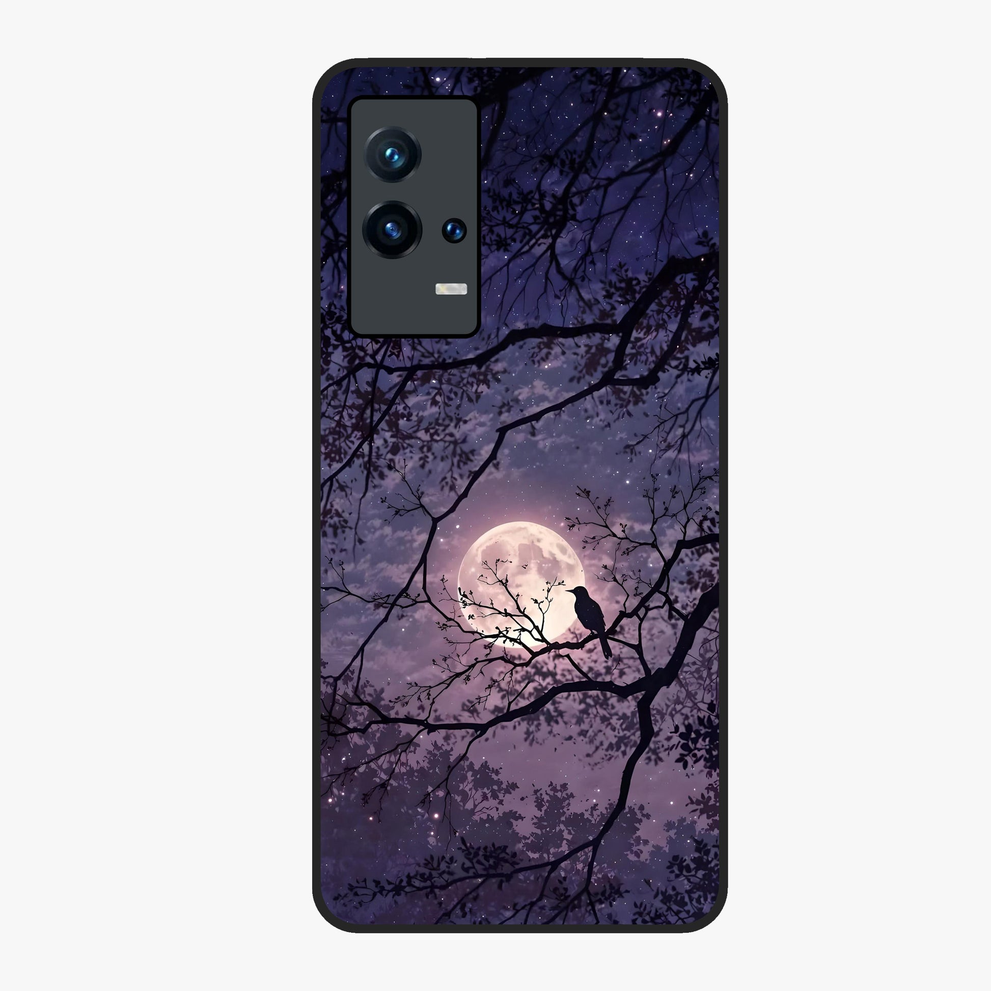 Whispering Moon Silence Glass Case showing flat back view with serene moon themed artwork and glossy glass finish.