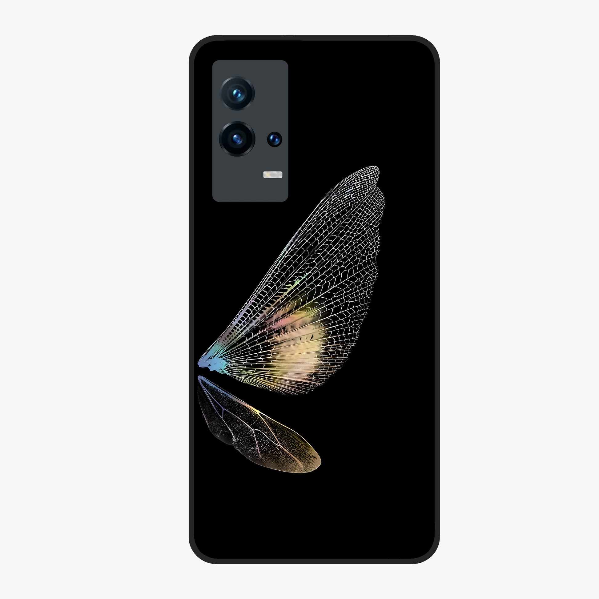 Whispers Of Wings Glass Case showing flat back view with graceful wing inspired artwork and glossy glass finish.