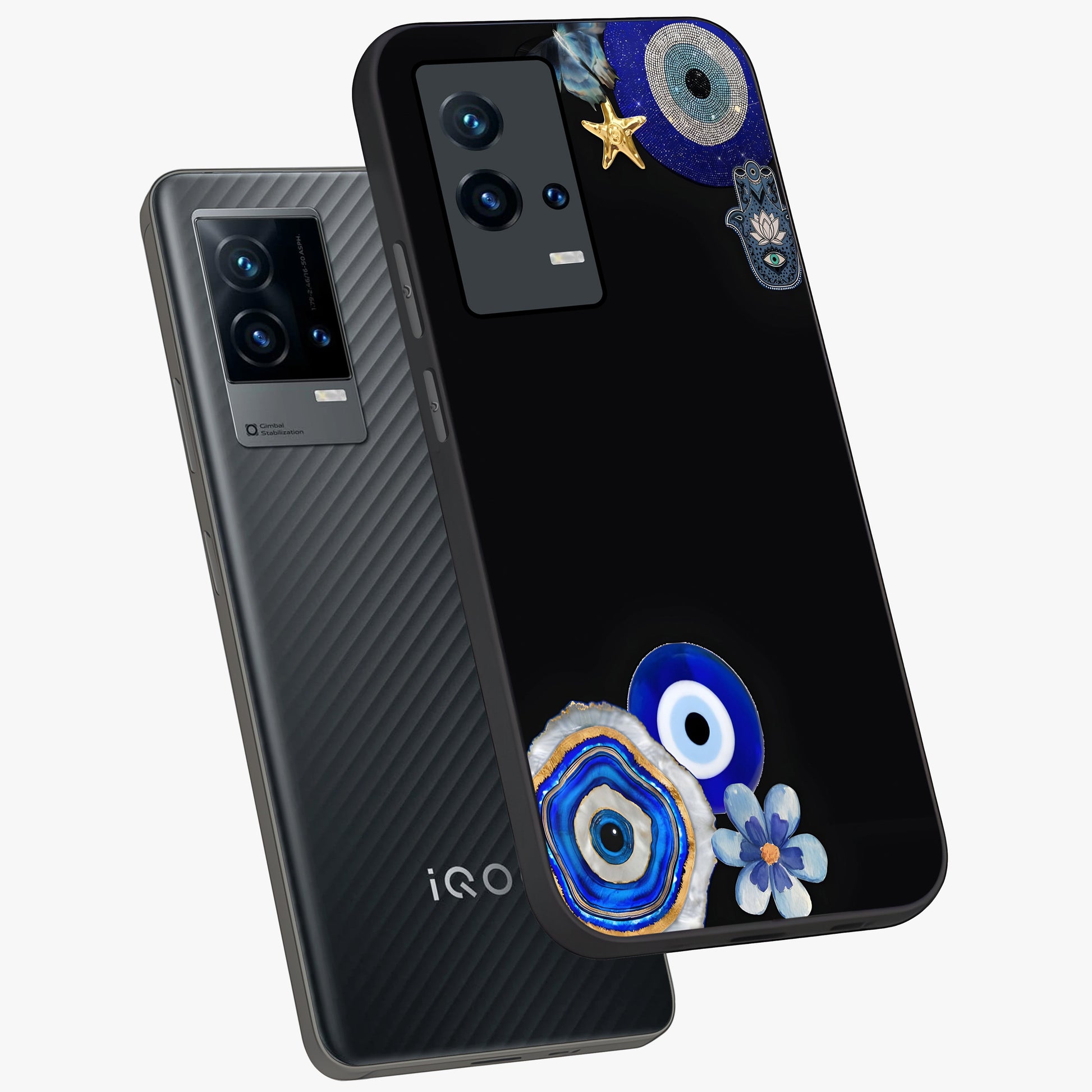 Aesthetic Blue Evil Eye Glass Case displayed in angled mockup highlighting blue evil eye symbol and spiritual aesthetic design.