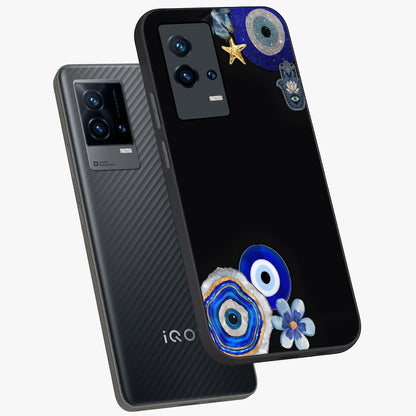 Aesthetic Blue Evil Eye Glass Case displayed in angled mockup highlighting blue evil eye symbol and spiritual aesthetic design.