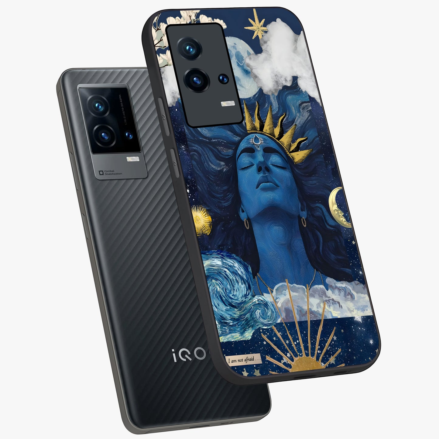Aesthetic Lord Shiva Glass Case displayed in angled mockup highlighting spiritual Shiva illustration and sacred aesthetic design.
