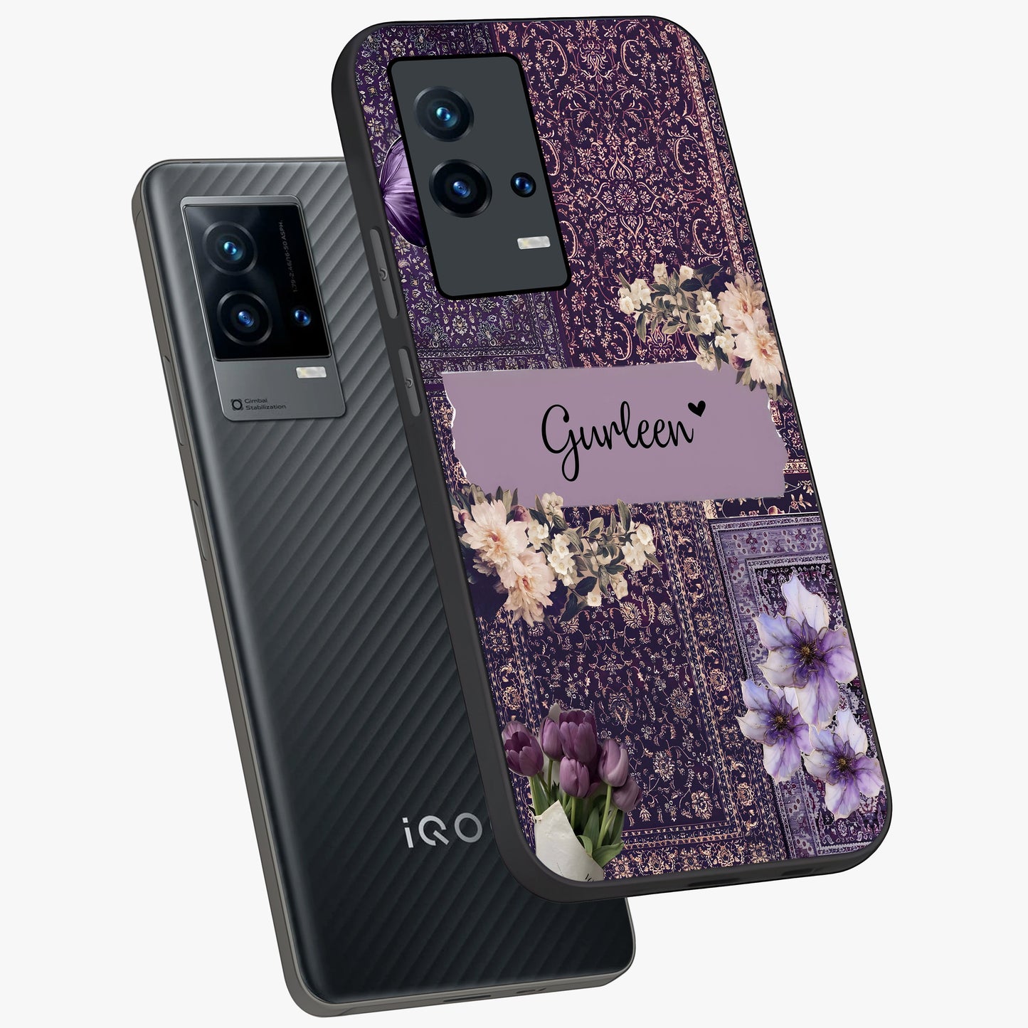 Antique Floral Whisper Custom Name Glass Case displayed in angled mockup highlighting elegant antique floral aesthetic.