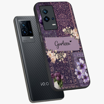 Antique Floral Whisper Custom Name Glass Case displayed in angled mockup highlighting elegant antique floral aesthetic.