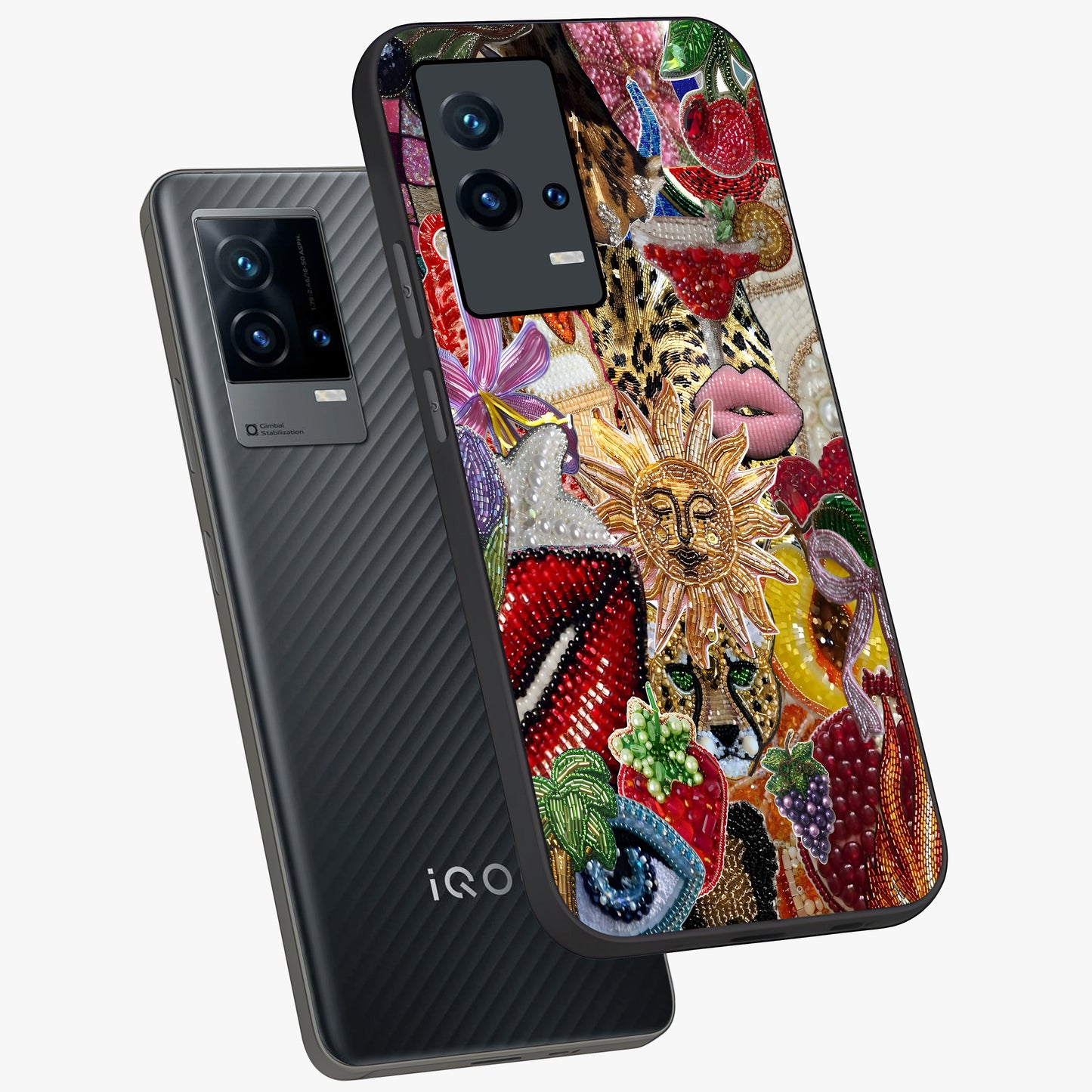 Beaded Fashion Jungle Glass Case displayed in angled mockup highlighting colorful fashion bead design and artistic pattern.