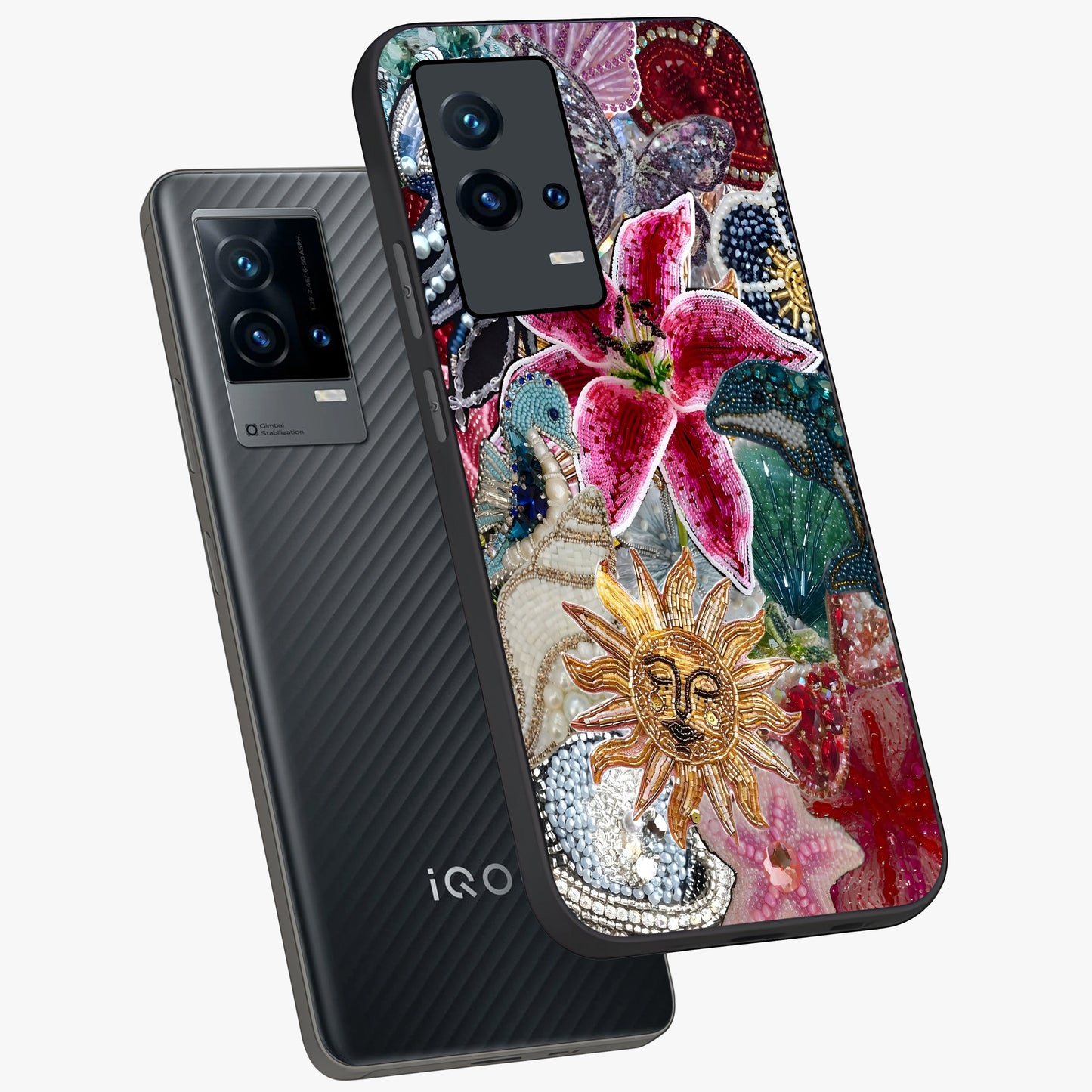 Beaded Garden Fantasy Glass Case displayed in angled mockup highlighting fantasy inspired floral bead pattern.