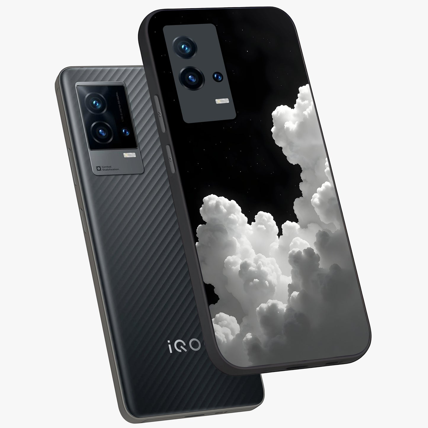 Black Background With White Cloud Glass Case displayed in angled mockup highlighting soft white cloud illustration and minimal design.