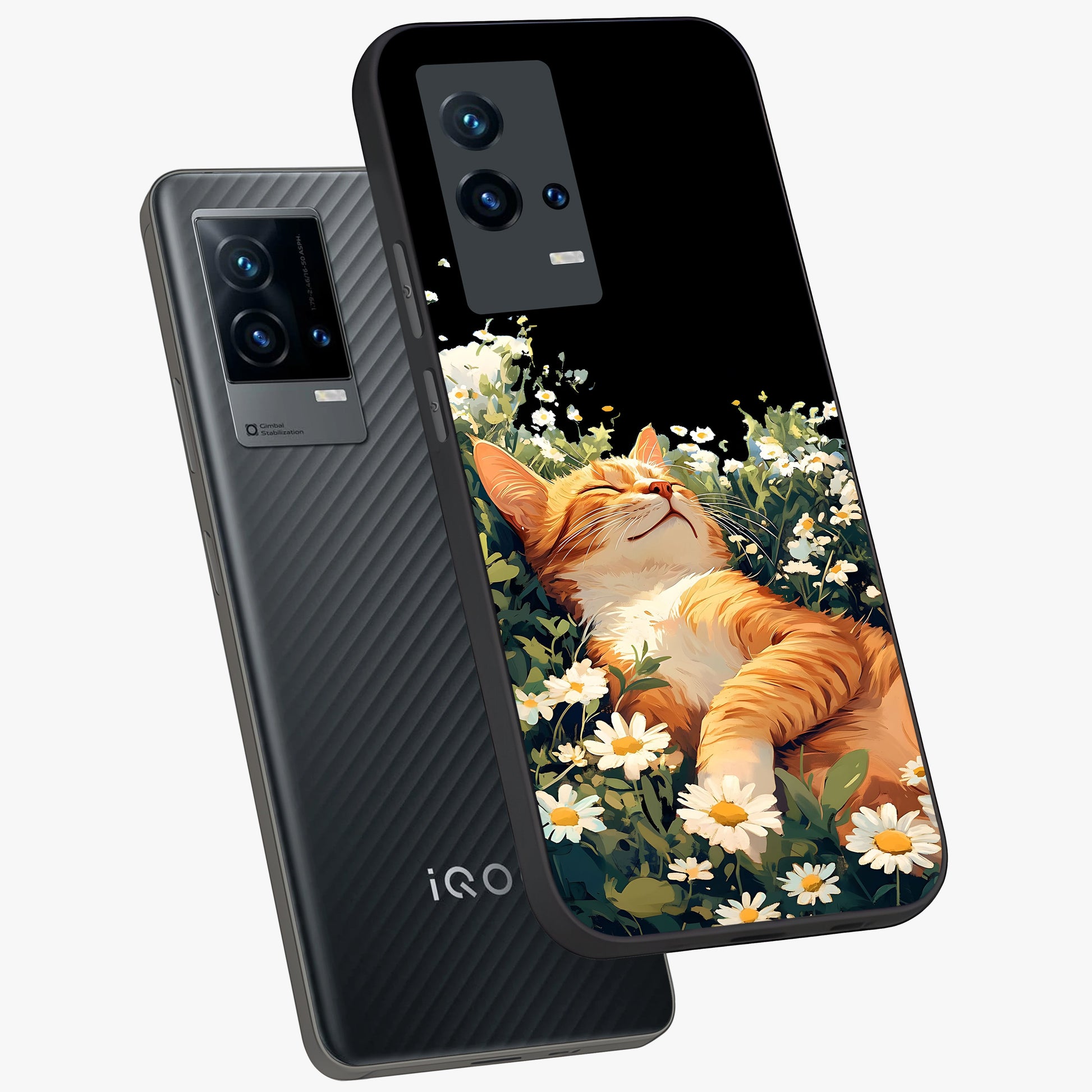 Blissful Bloom Cat Glass Case displayed in angled mockup highlighting playful feline illustration with soft floral aesthetic.