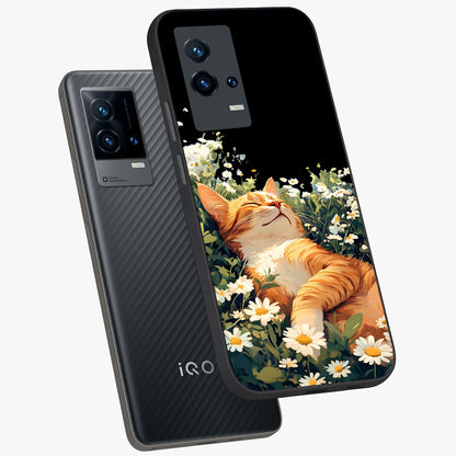 Blissful Bloom Cat Glass Case displayed in angled mockup highlighting playful feline illustration with soft floral aesthetic.