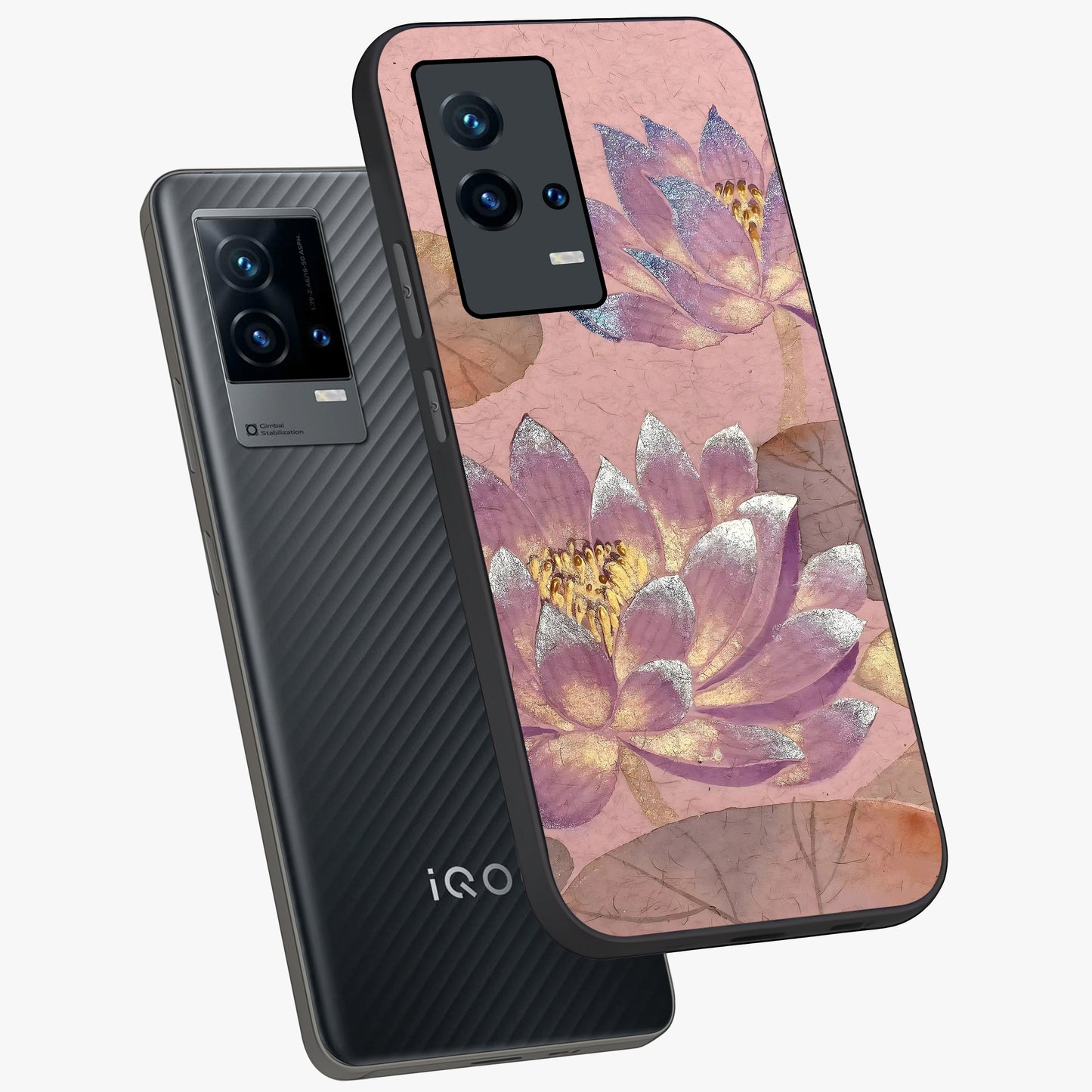 Blossom Mist Lotus Glass Case displayed in angled mockup highlighting delicate lotus illustration with calm aesthetic theme.