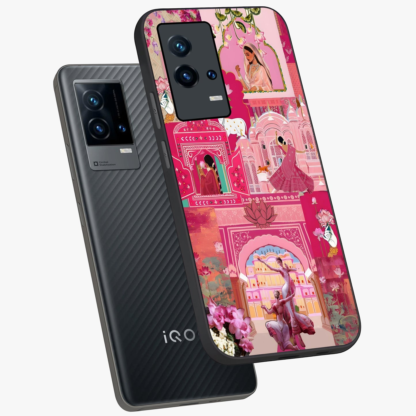 Blossoms of Rajasthan Glass Case displayed in angled mockup highlighting vibrant floral pattern with cultural aesthetic style.