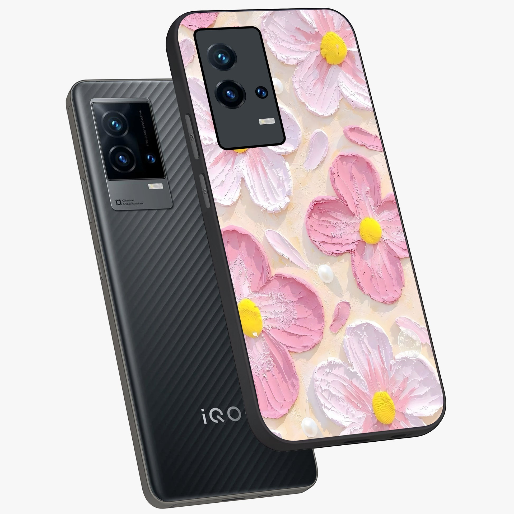 Blush Bloom Texture Glass Case displayed in angled mockup highlighting subtle bloom pattern with aesthetic pastel design.