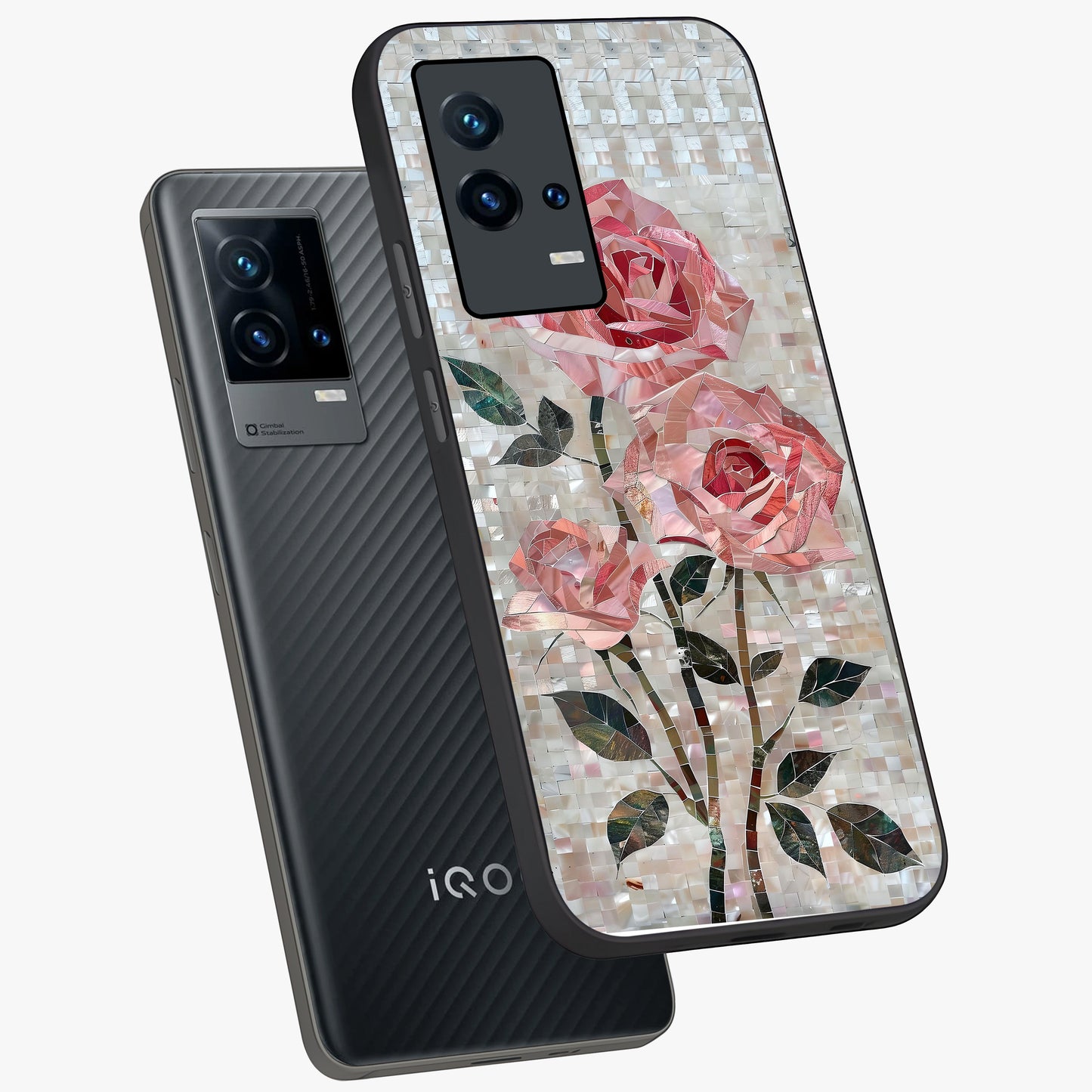 Blush Mosaic Bloom Glass Case displayed in angled mockup highlighting artistic mosaic flower pattern with aesthetic design.