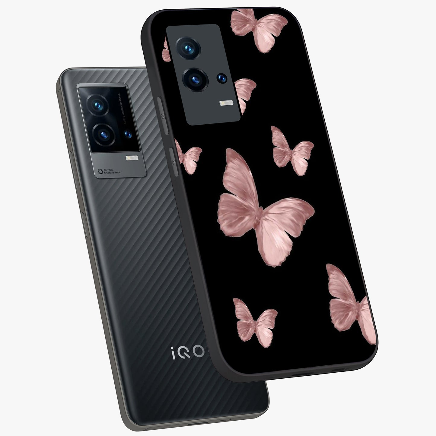 Butterfly Pattern Glass Case displayed in angled mockup highlighting delicate butterfly design and aesthetic pattern style.