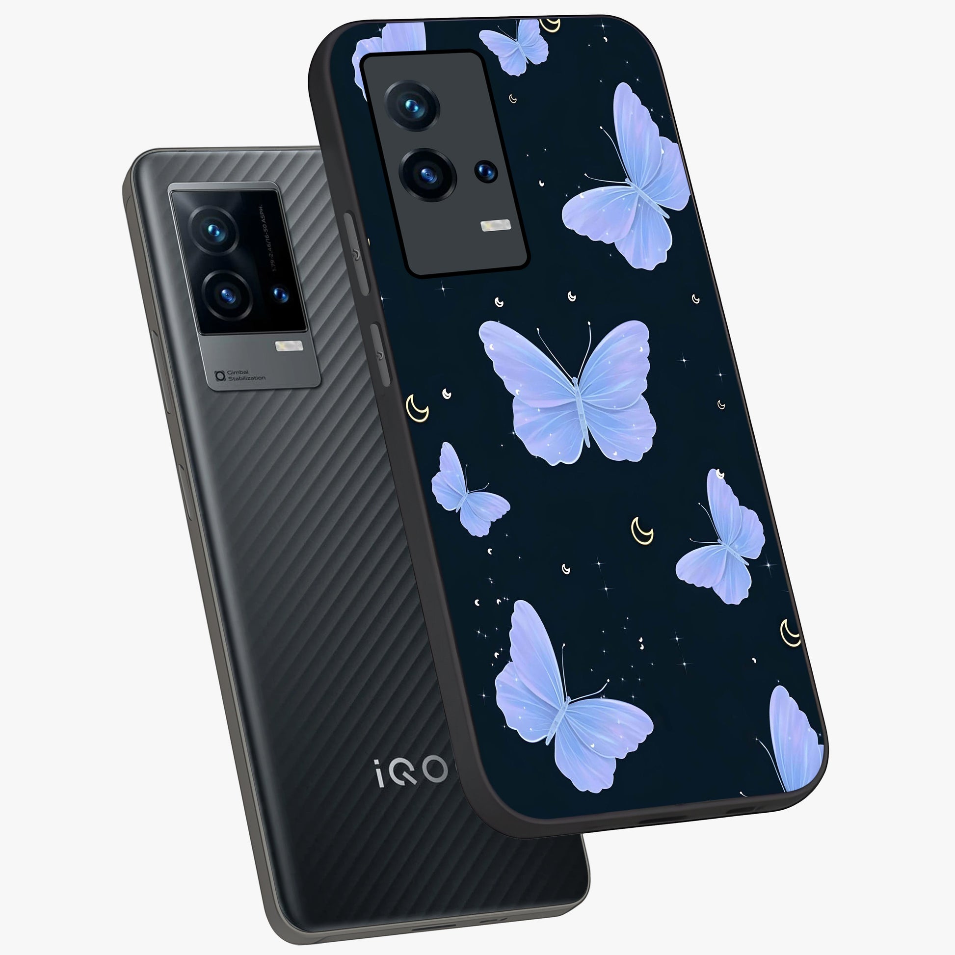 Butterfly With Stars Pattern Glass Case displayed in angled mockup highlighting dreamy butterfly and star design with aesthetic theme.