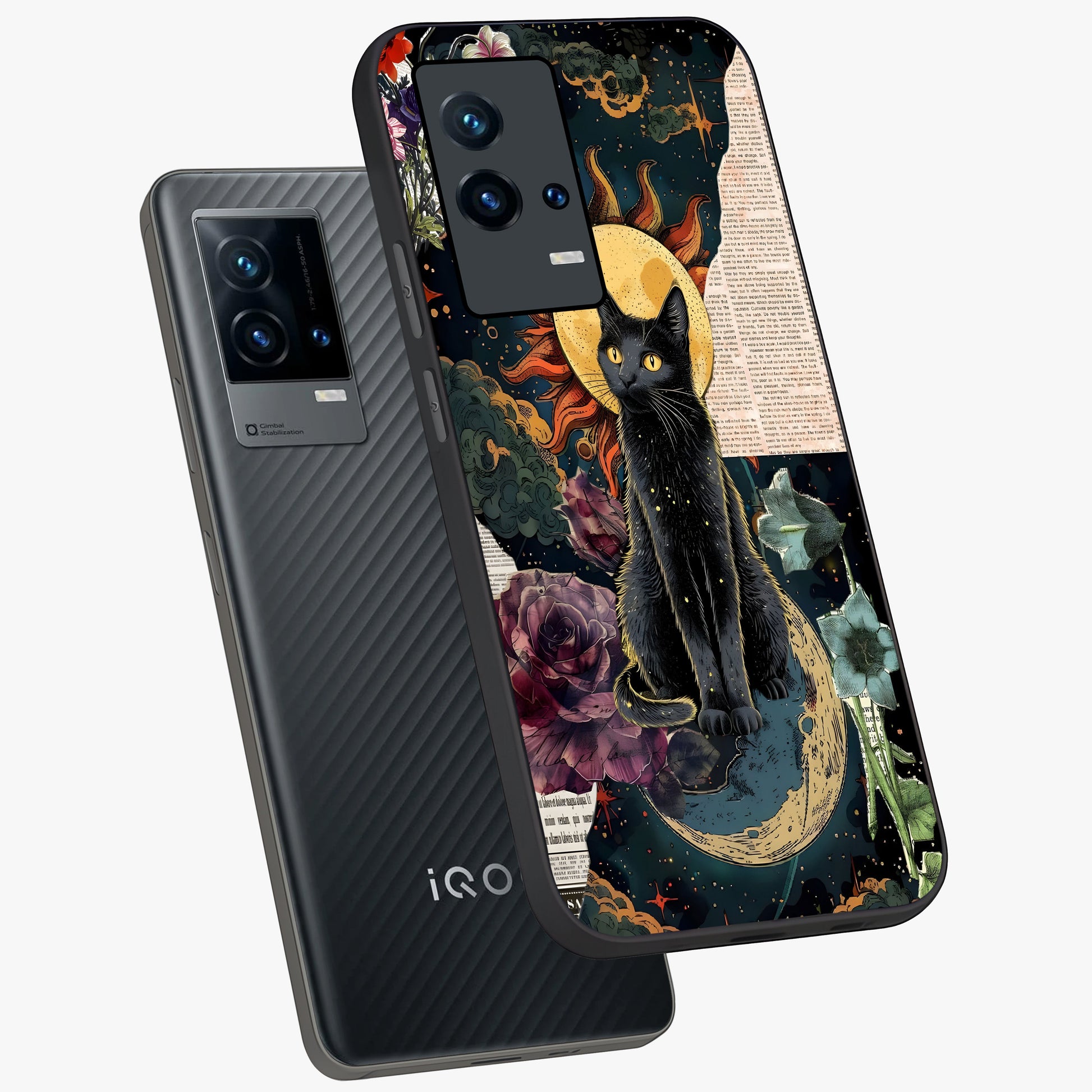 Celestial Black Cat Glass Case displayed in angled mockup highlighting cosmic black cat design with celestial aesthetic.