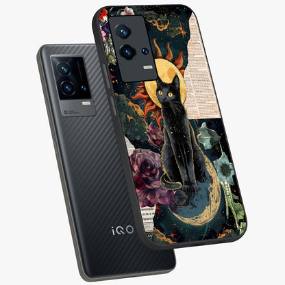 Celestial Black Cat Glass Case displayed in angled mockup highlighting cosmic black cat design with celestial aesthetic.