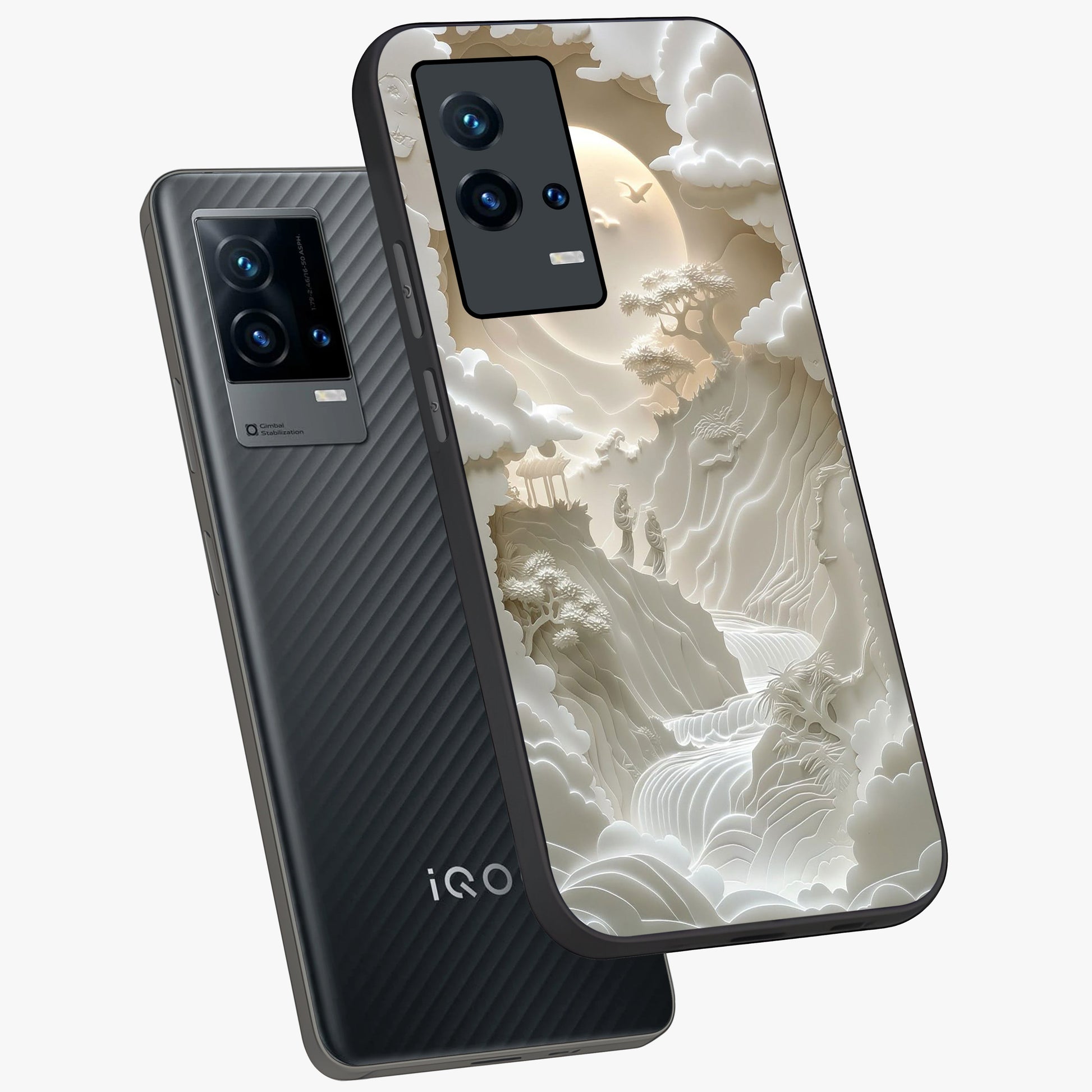 Celestial Origami Glass Case displayed in angled mockup highlighting geometric origami design with cosmic aesthetic theme.